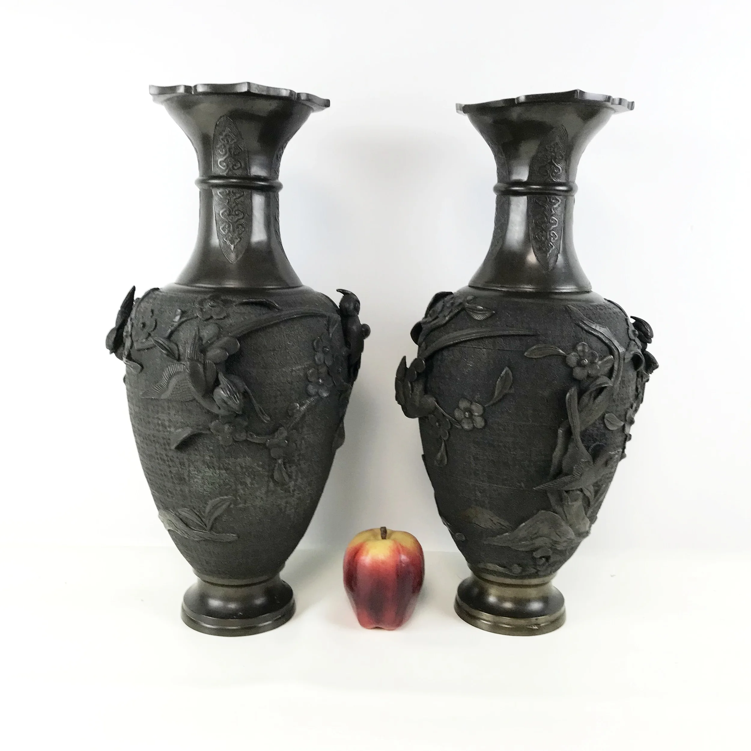 Pair of Antique Japanese Bronze Vase W/ Bird & Flower High