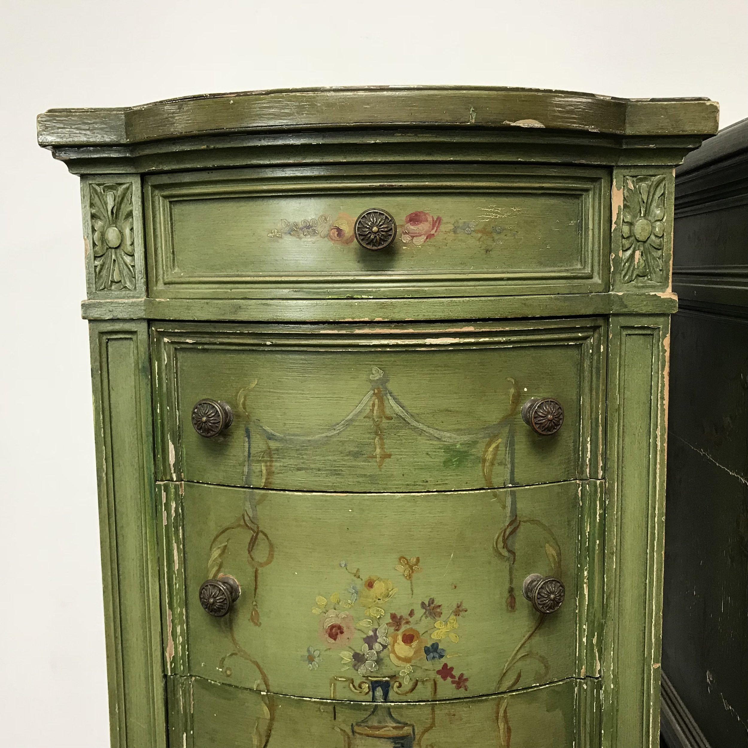 Pair Of Hand Painted Tall Narrow Green French Style Gessoed