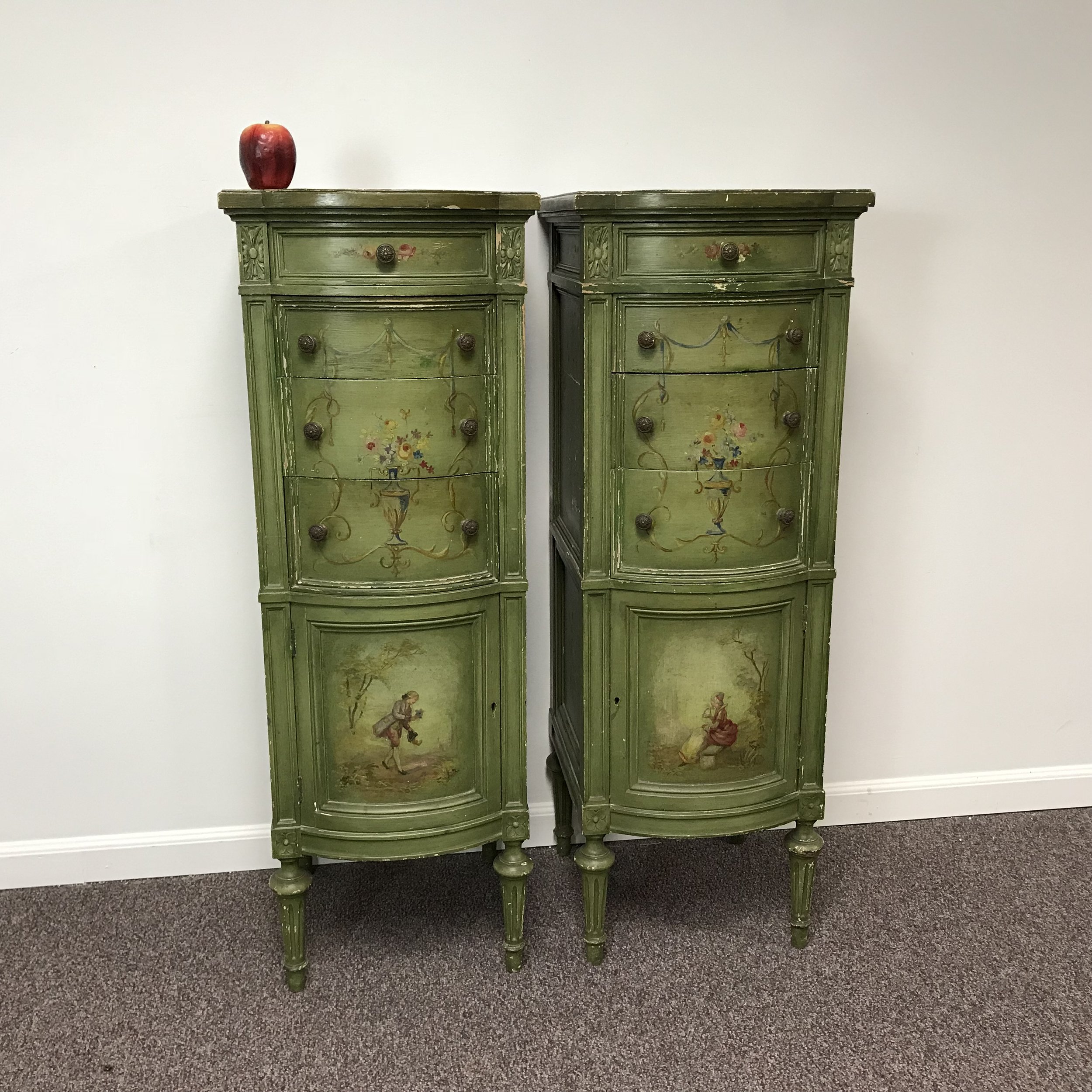 Pair Of Hand Painted Tall Narrow Green French Style Gessoed