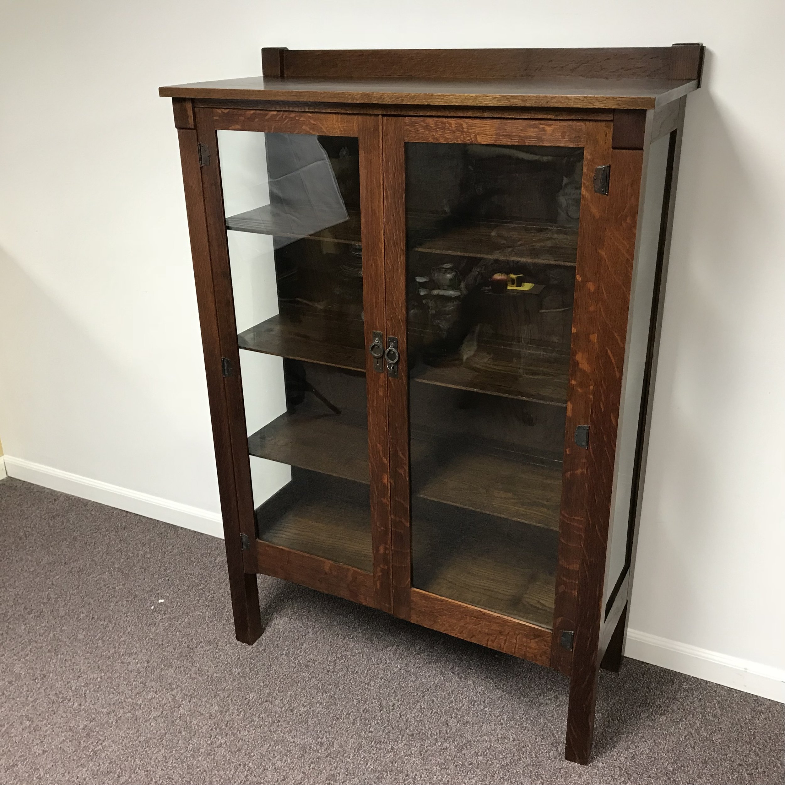 Antique Quarter Sawn Tiger Oak Mission 2 Door Bookcase Cabinet