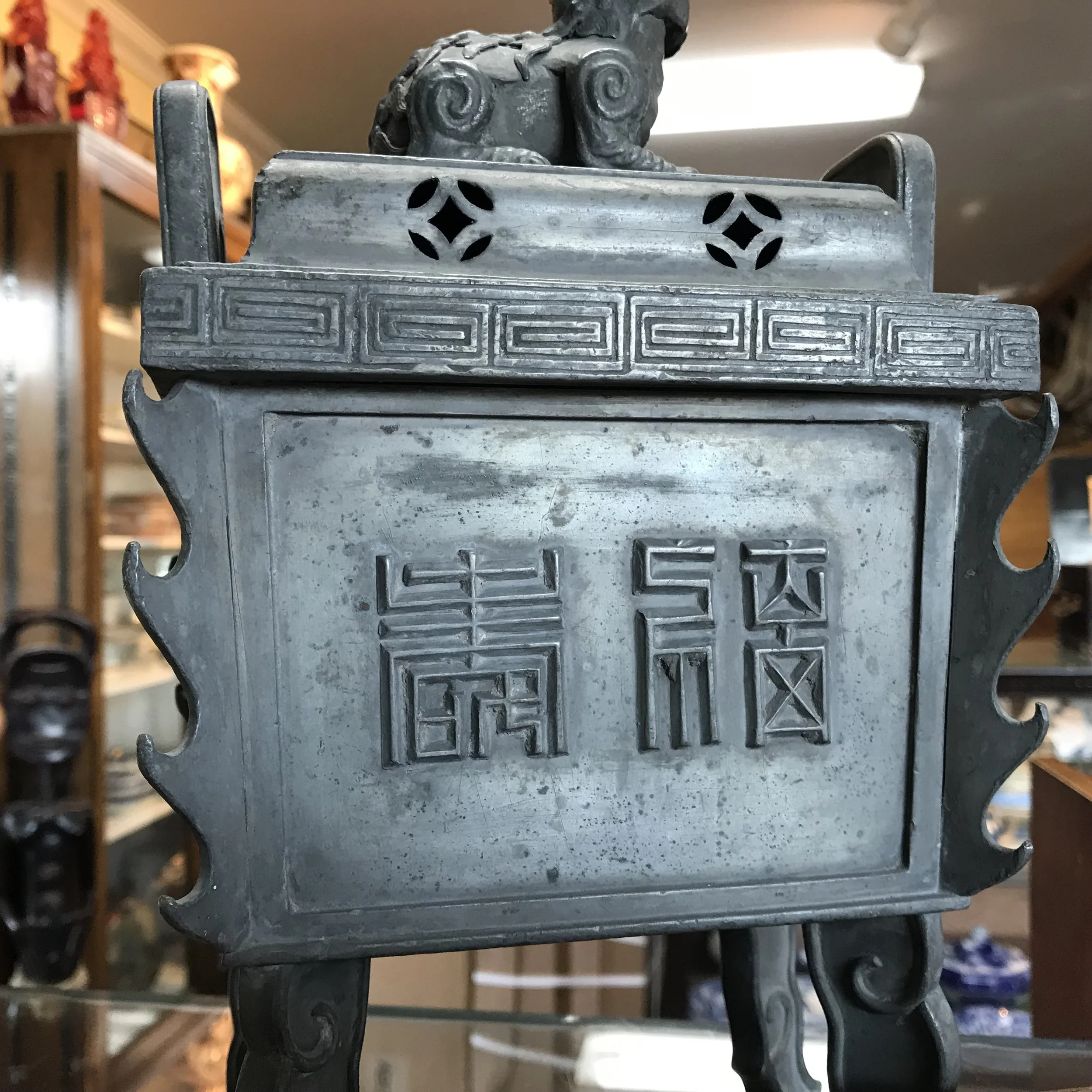 Antique 19th C Chinese Pewter Censer W/ Foo Dog on Fine Carved