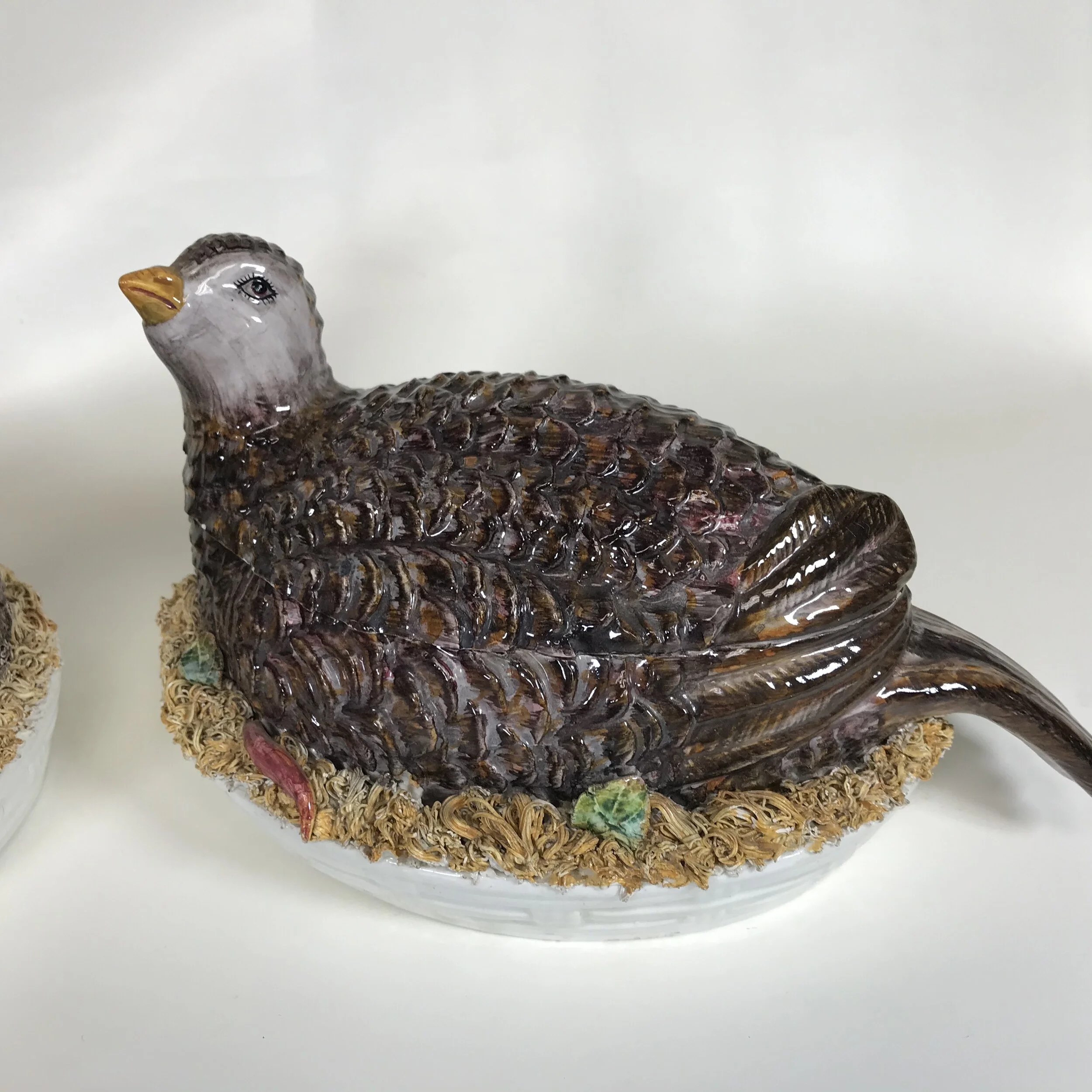 Pair of Early Meiselman Majolica Pottery Quail Bird on Nest
