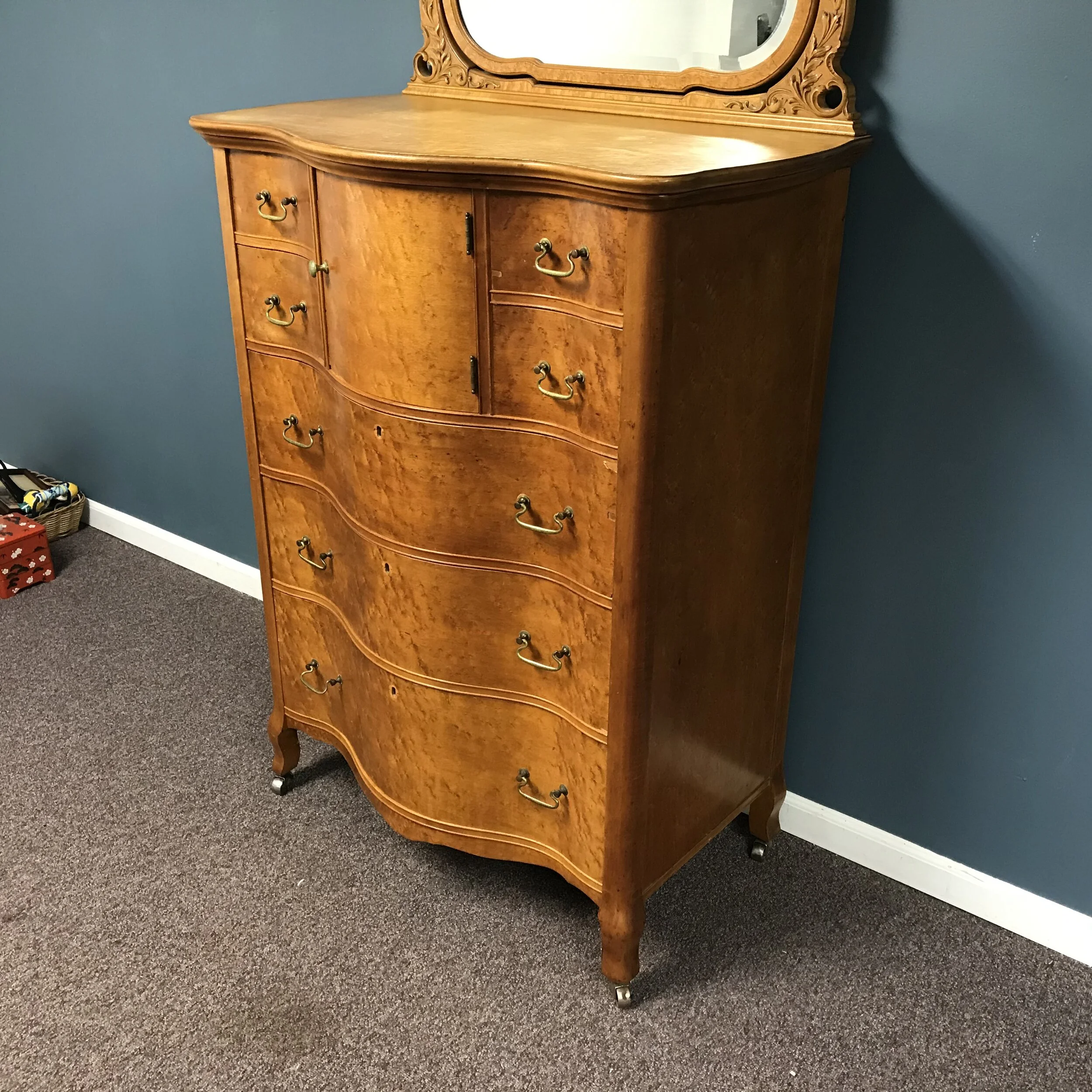 Antique Serpentine Front Birdseye Maple Tall Chest of Drawers  Ardesh