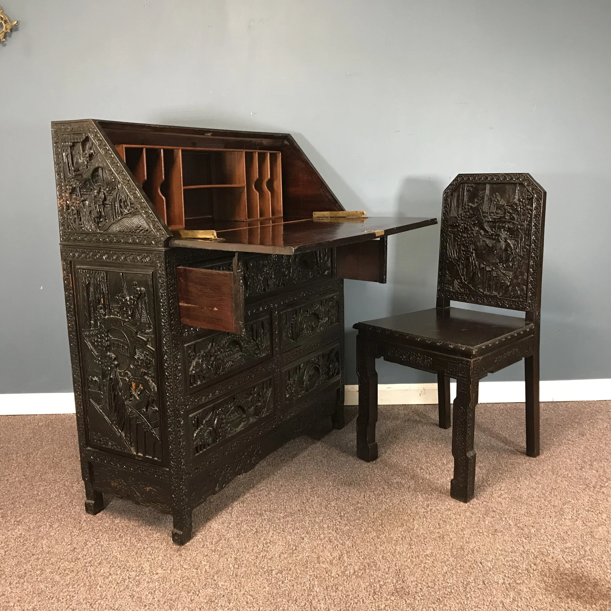 Circa 1940s Carved Mahogany Chinese Slant Front Desk & Chair — Ardesh