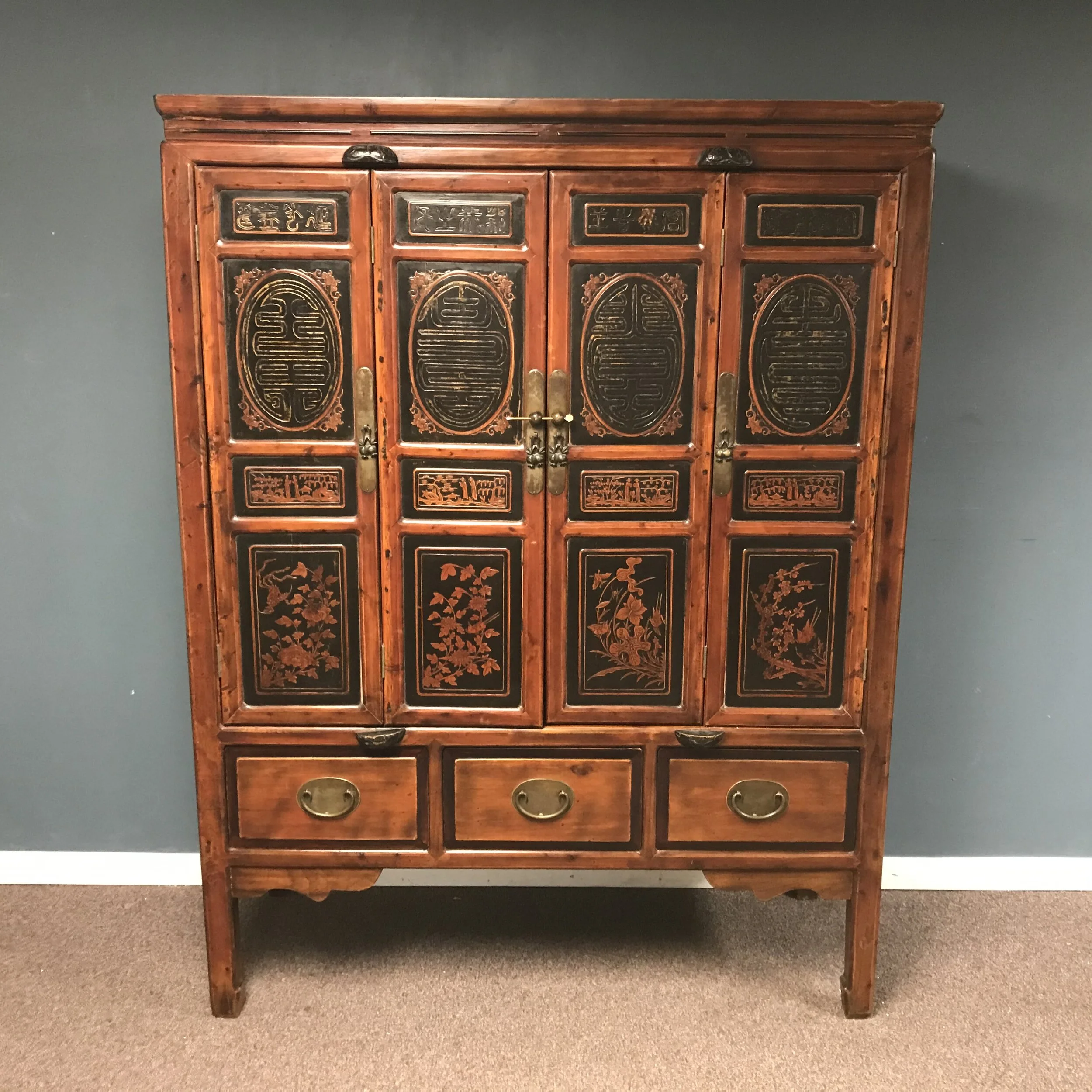 Large Vintage Carved Chinese Elm Wood Cabinet W/ 3 Drawers — Ardesh