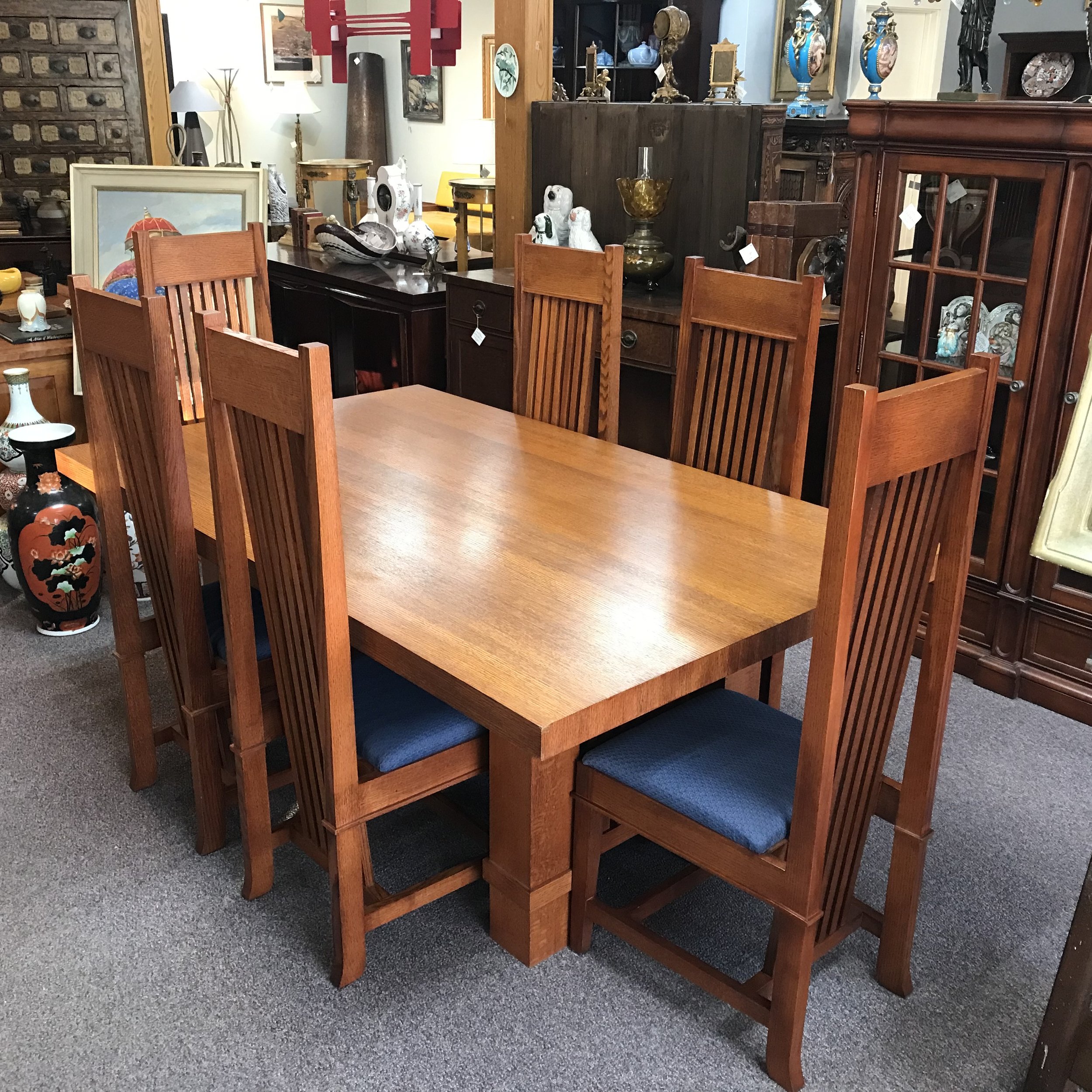 Frank Lloyd Wright Style Oak Dining Table and 6 Chair Set
