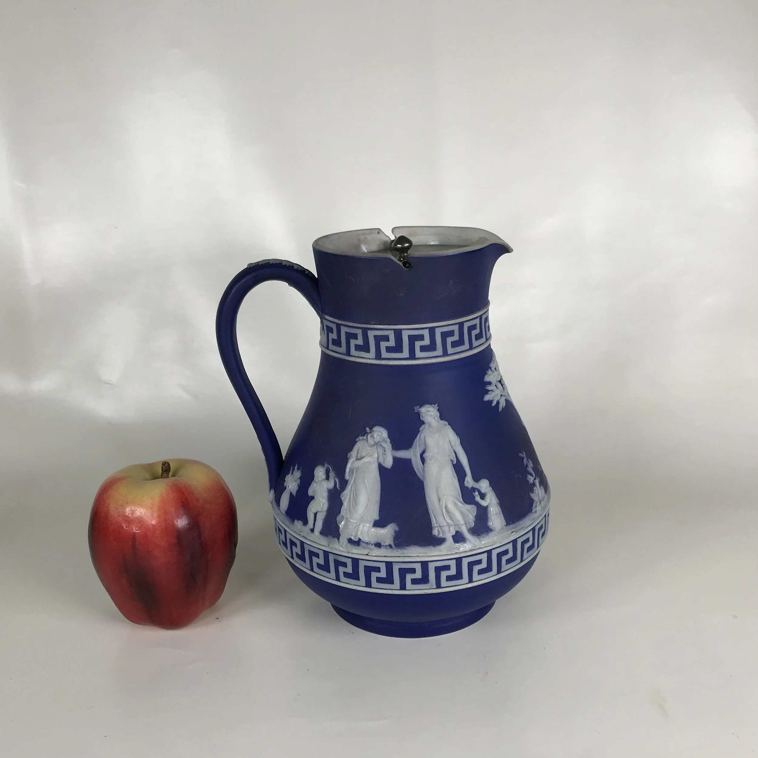 Ca. 1800s Wedgwood Dark Blue Jasperware Pitcher W/ Pewter Lid