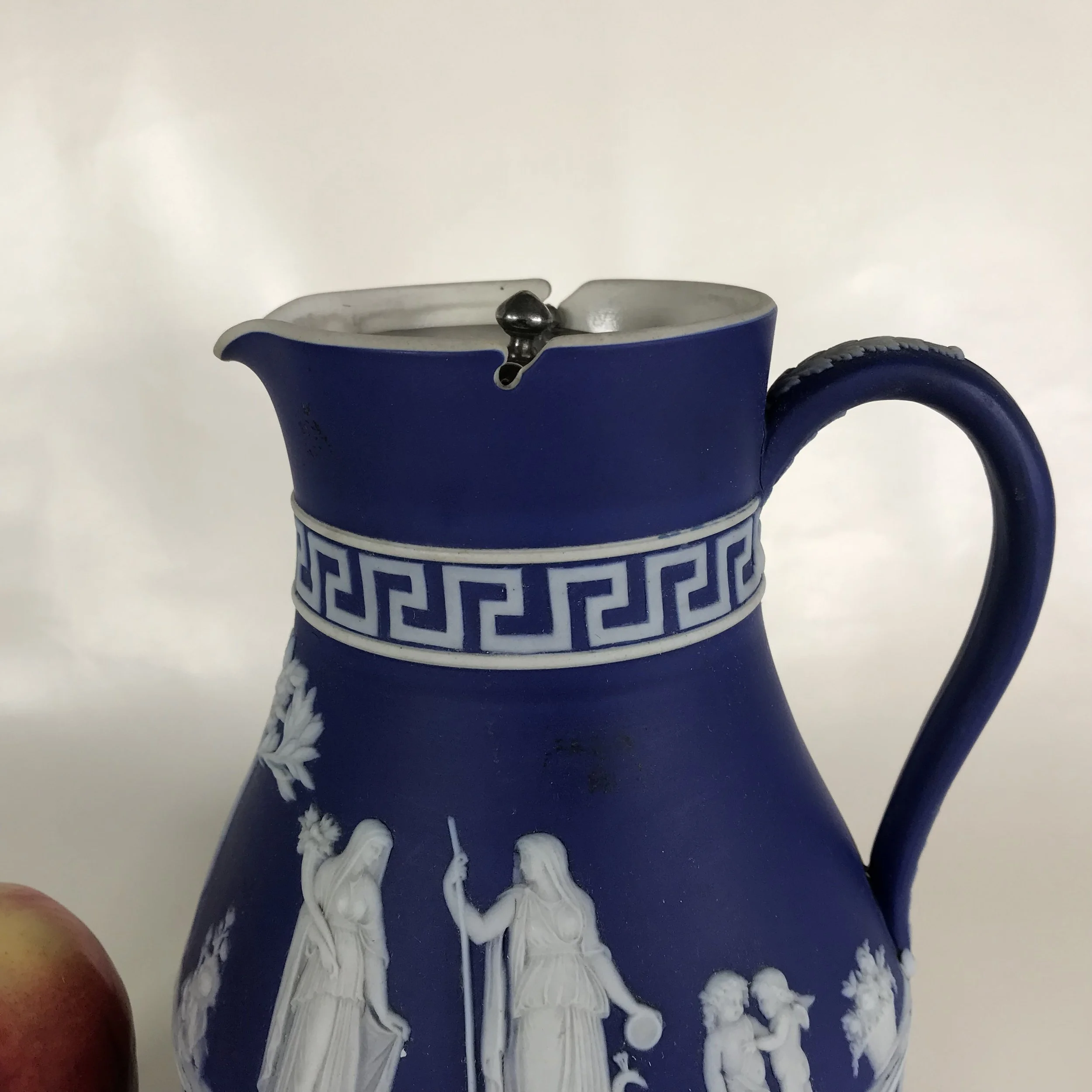 Ca. 1800s Wedgwood Dark Blue Jasperware Pitcher W/ Pewter Lid