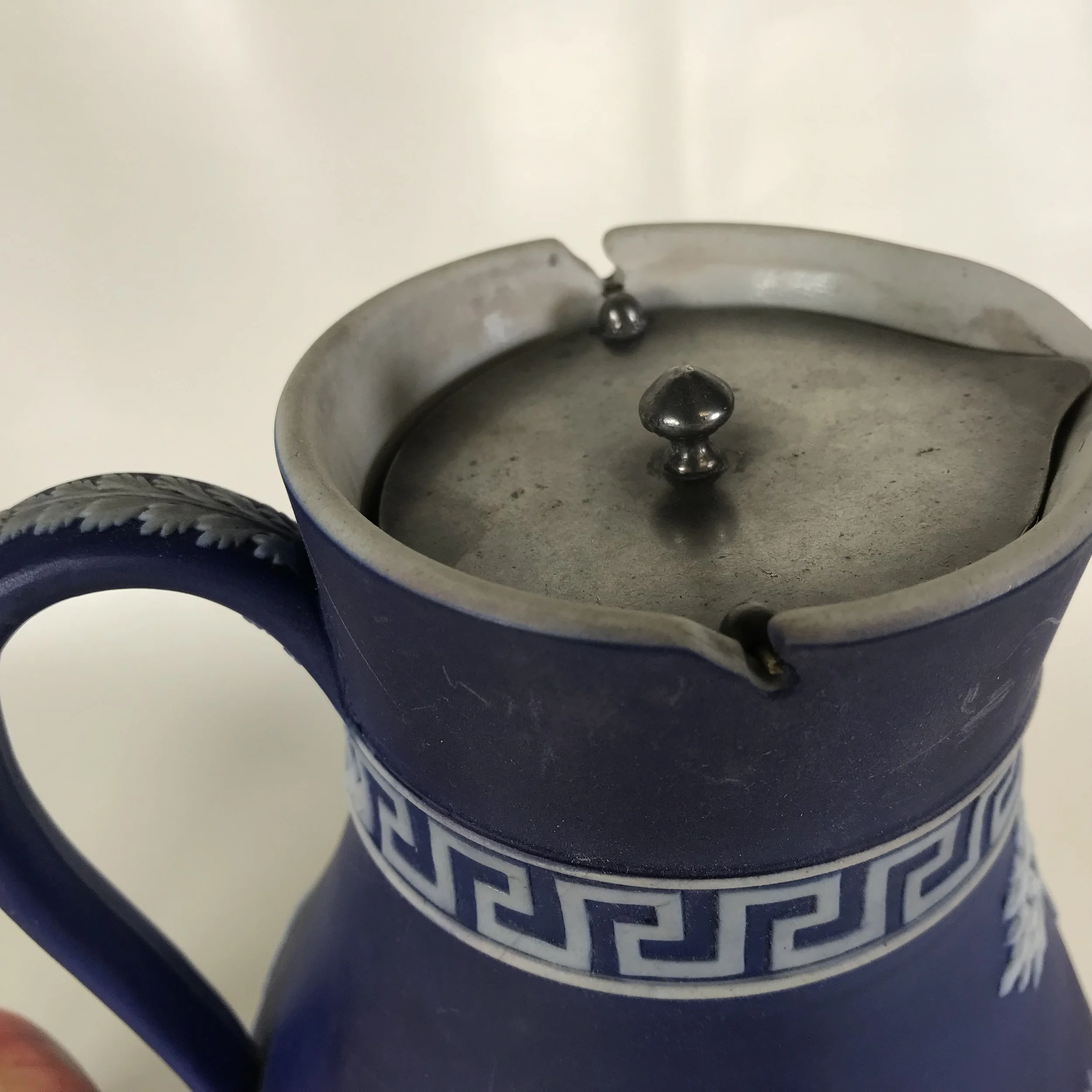 Ca. 1800s Wedgwood Dark Blue Jasperware Pitcher W/ Pewter Lid