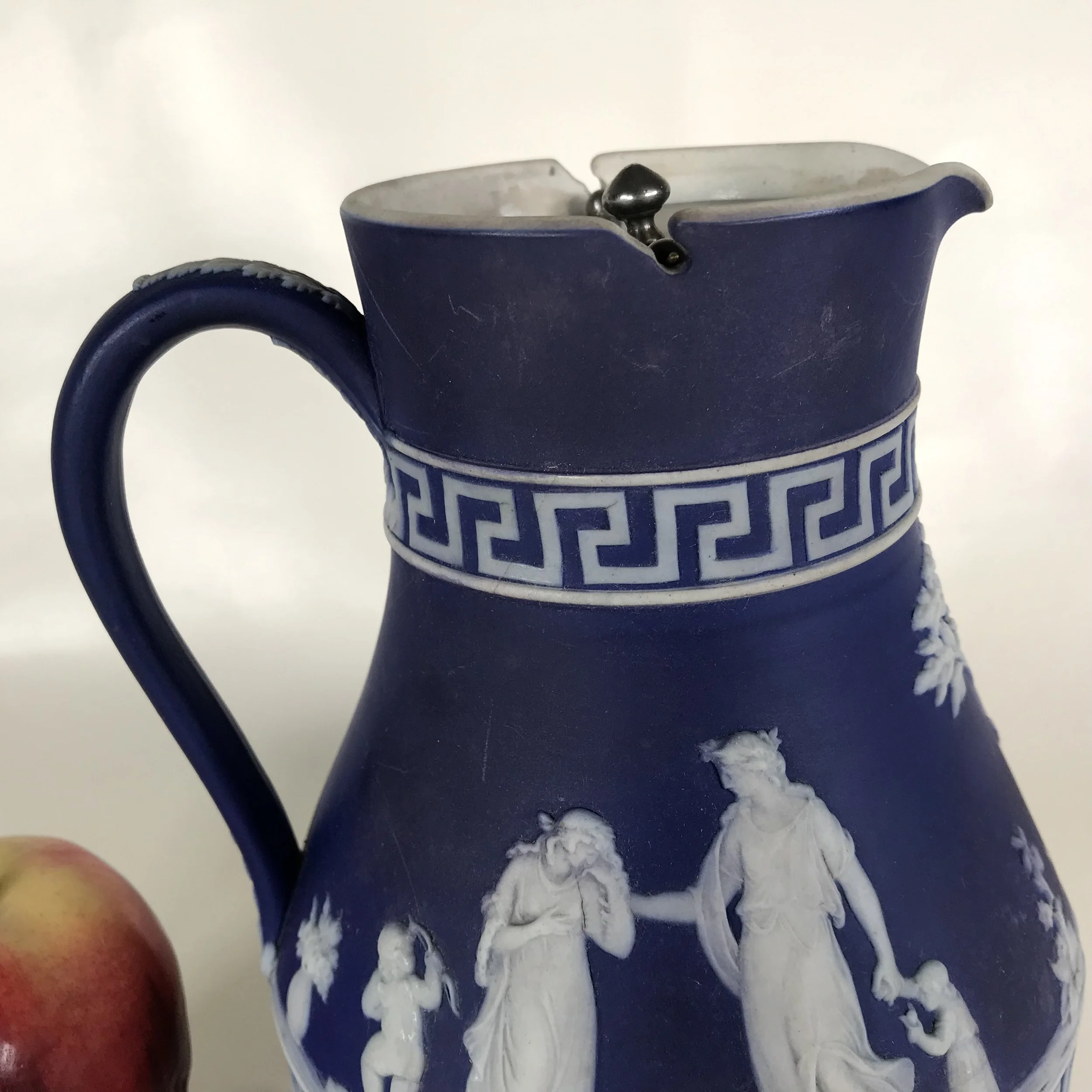 Ca. 1800s Wedgwood Dark Blue Jasperware Pitcher W/ Pewter Lid