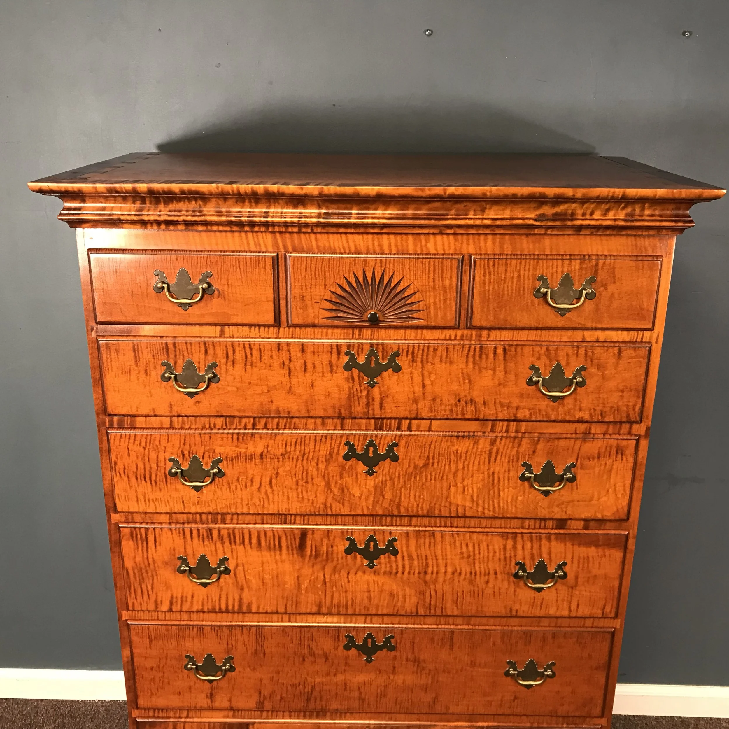 Eldred Wheeler Tiger Maple Tall Chest with Carved Fan — Ardesh
