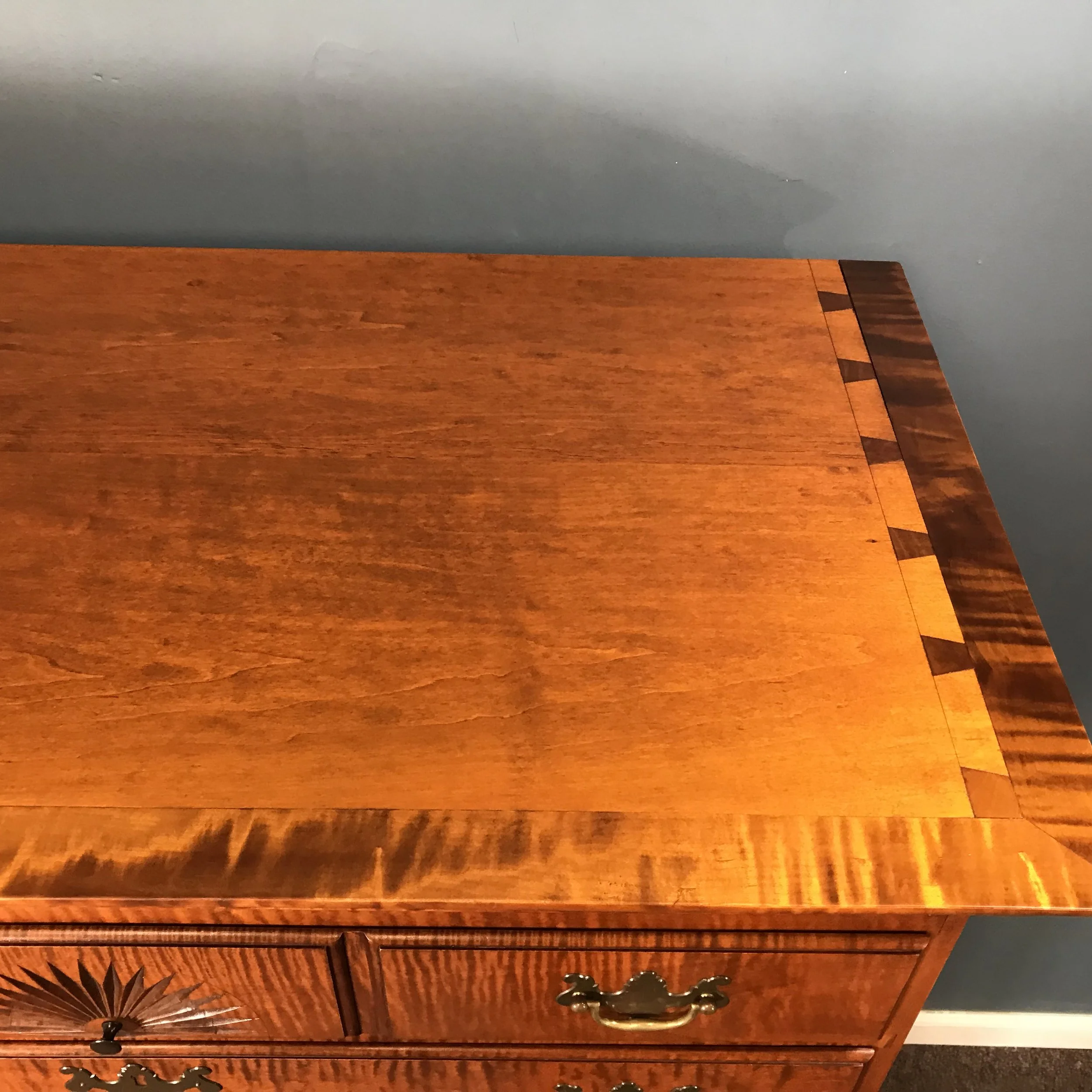 Eldred Wheeler Tiger Maple Tall Chest with Carved Fan — Ardesh