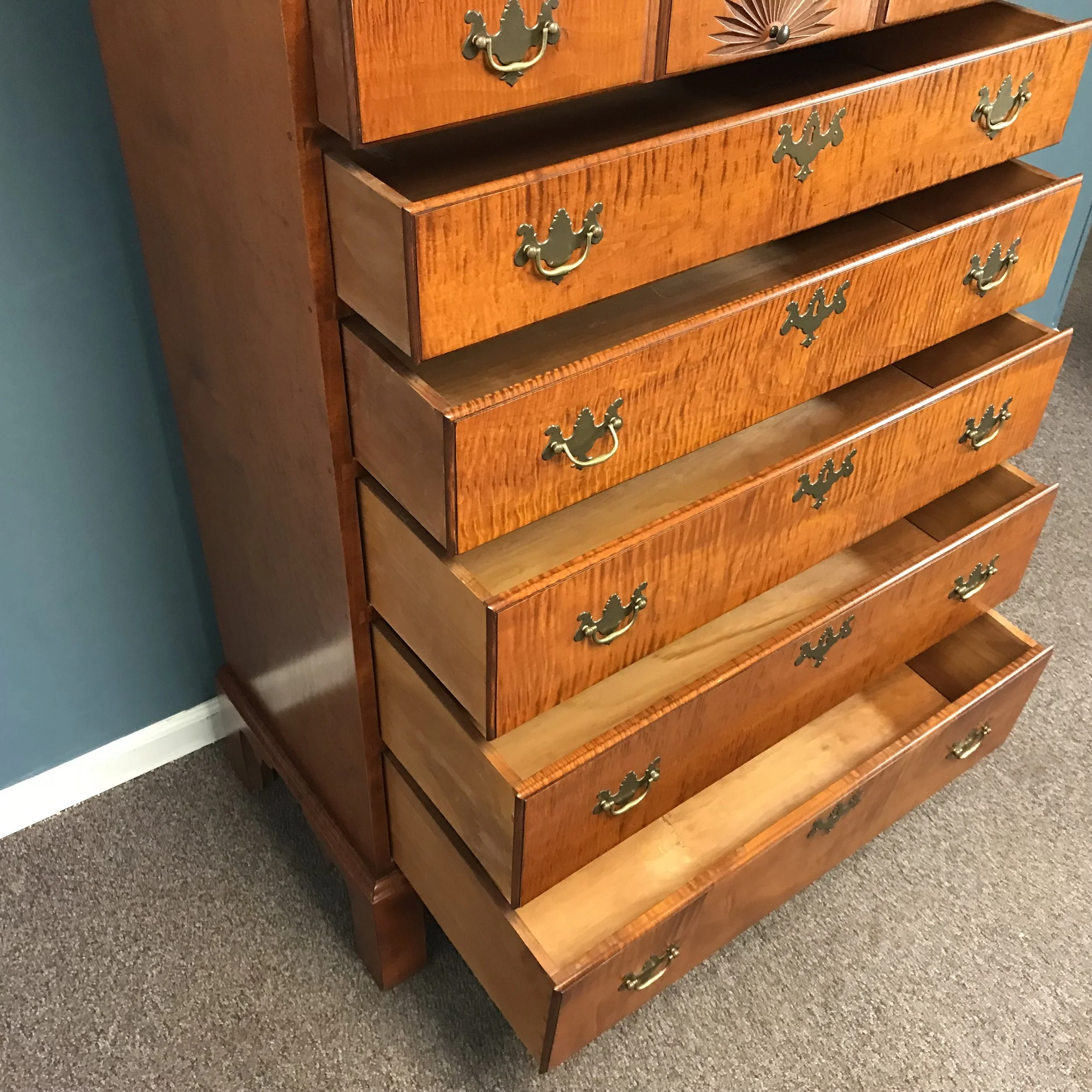 Eldred Wheeler Tiger Maple Tall Chest with Carved Fan — Ardesh