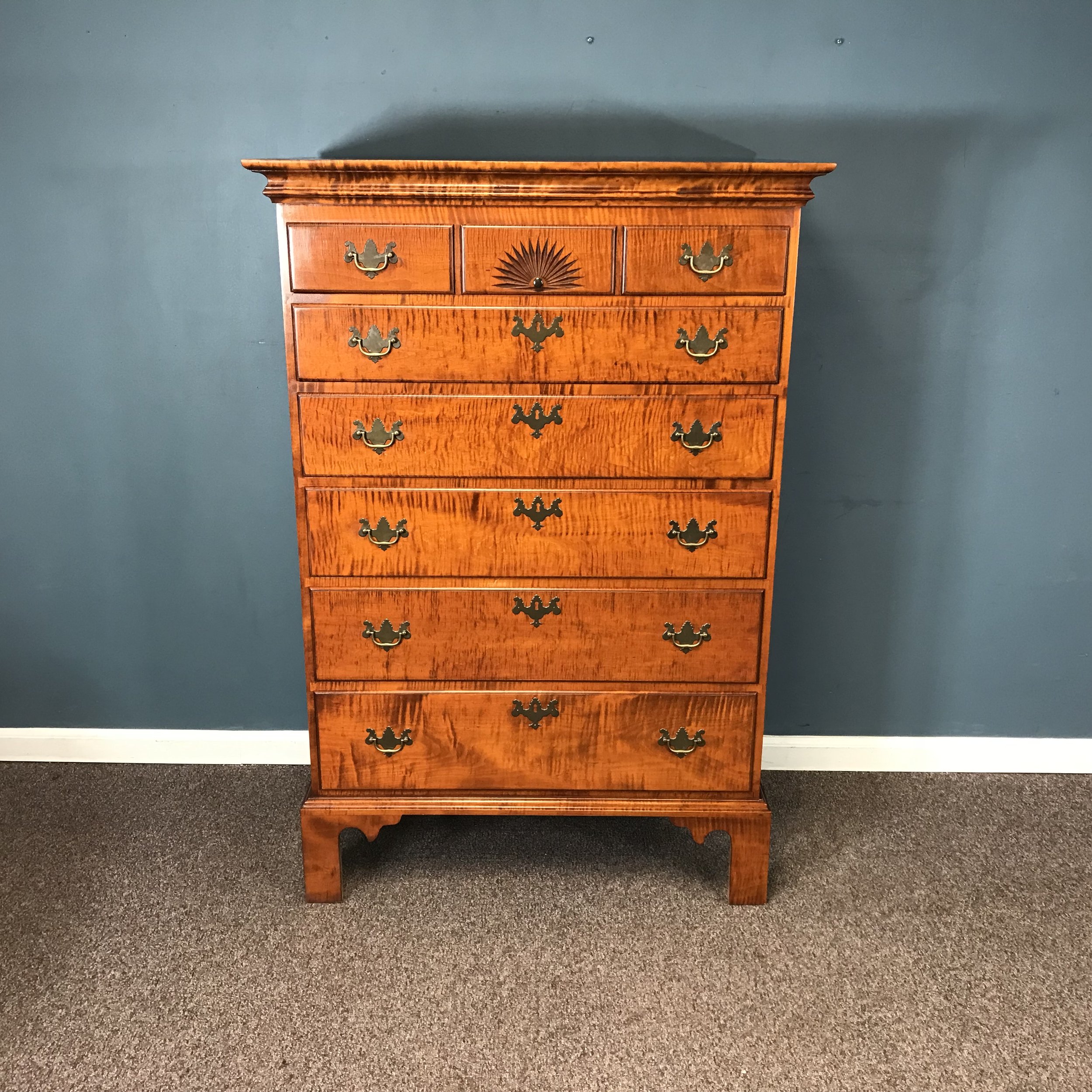 Eldred Wheeler Tiger Maple Tall Chest with Carved Fan — Ardesh