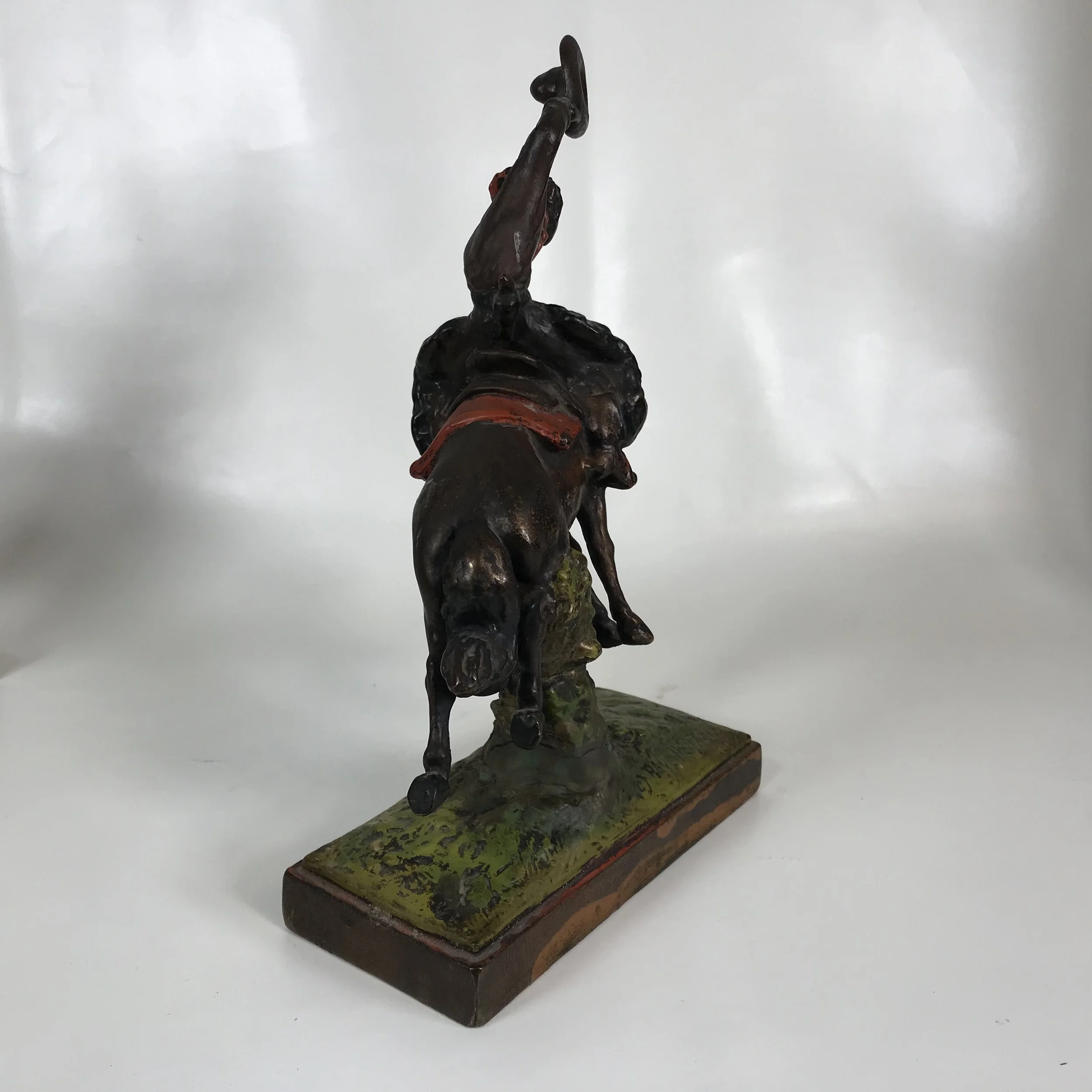 Pair of Signed Paul Herzel Pompeian Bronze Clad Cowboy Horse