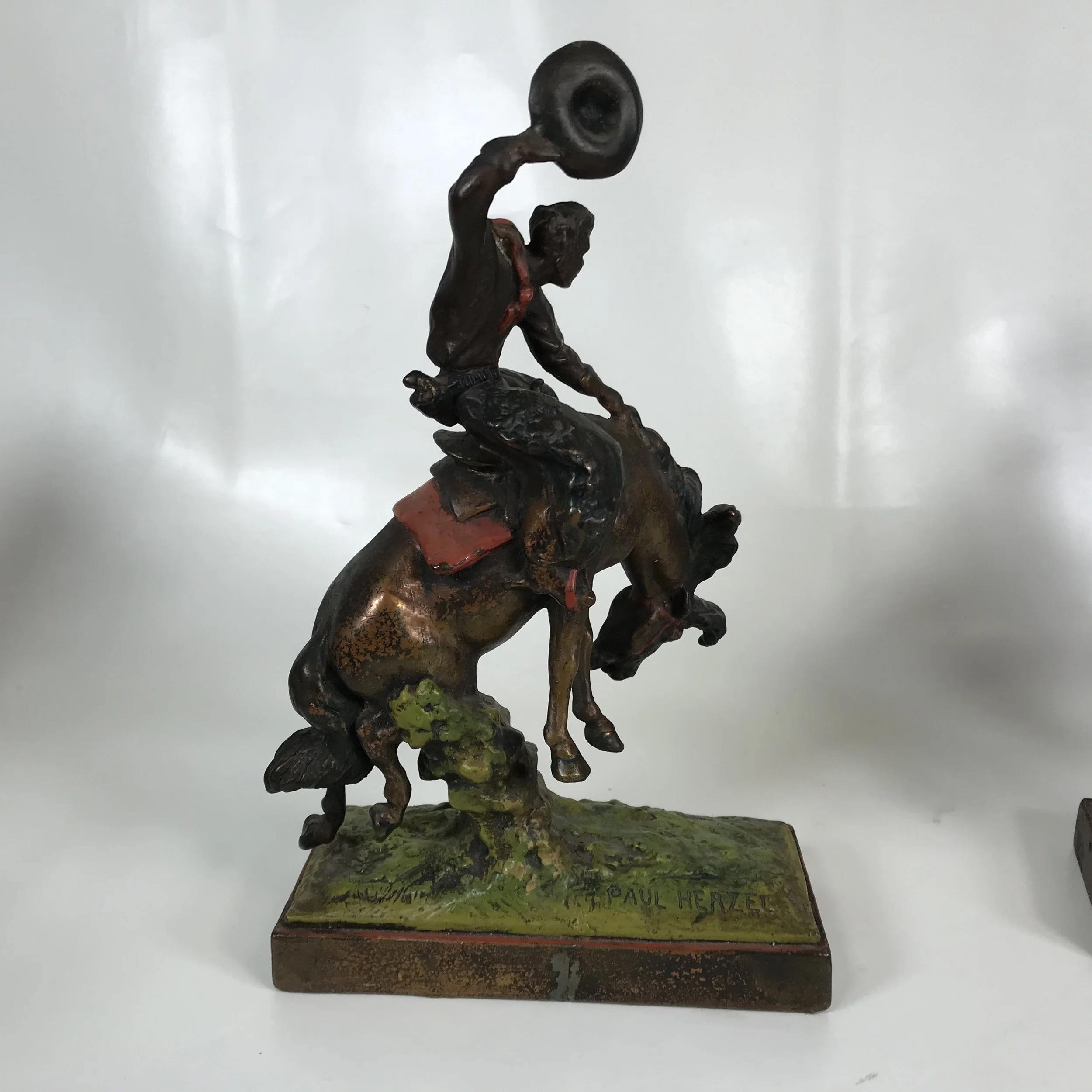 Pair of Signed Paul Herzel Pompeian Bronze Clad Cowboy Horse