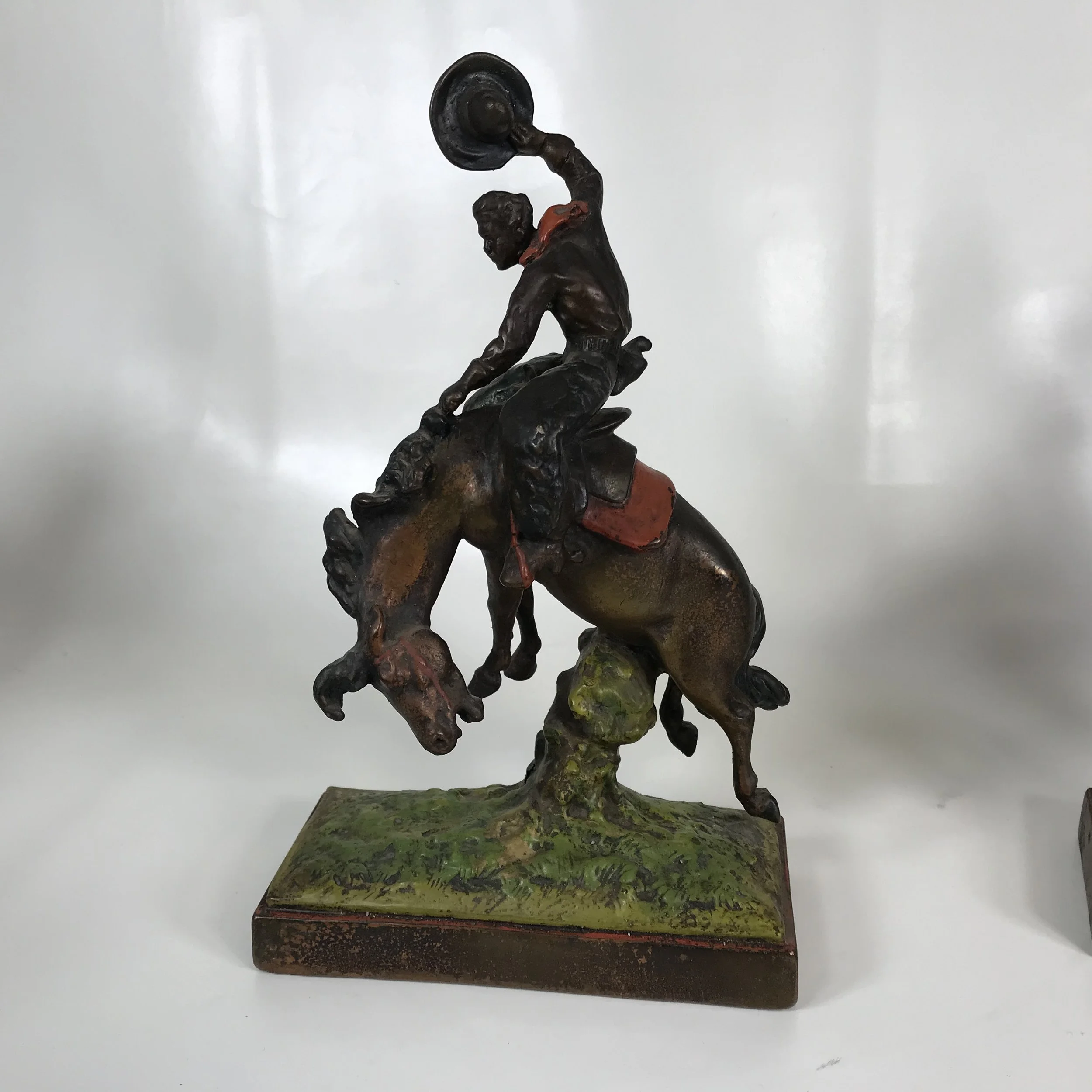 Pair of Signed Paul Herzel Pompeian Bronze Clad Cowboy Horse