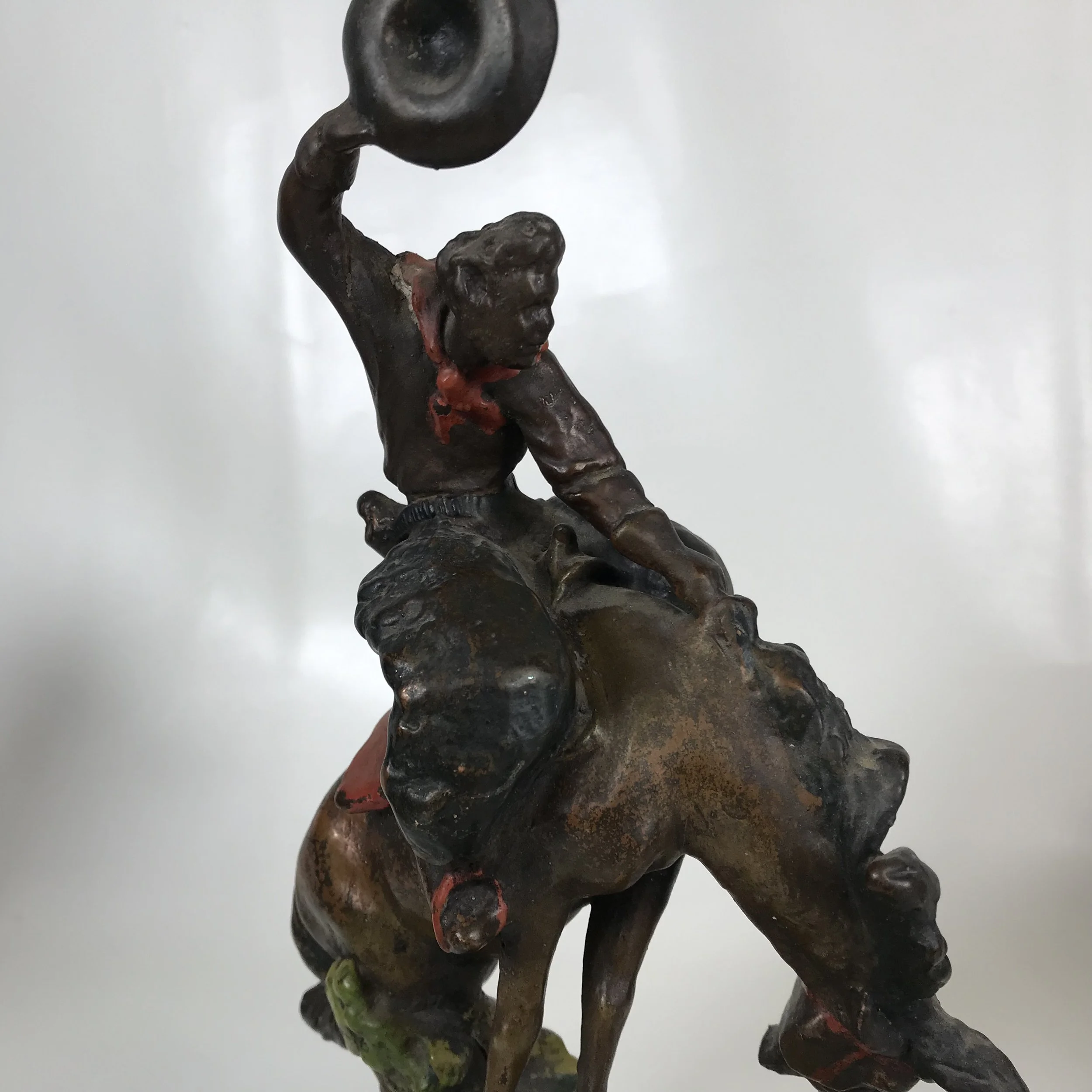 Pair of Signed Paul Herzel Pompeian Bronze Clad Cowboy Horse