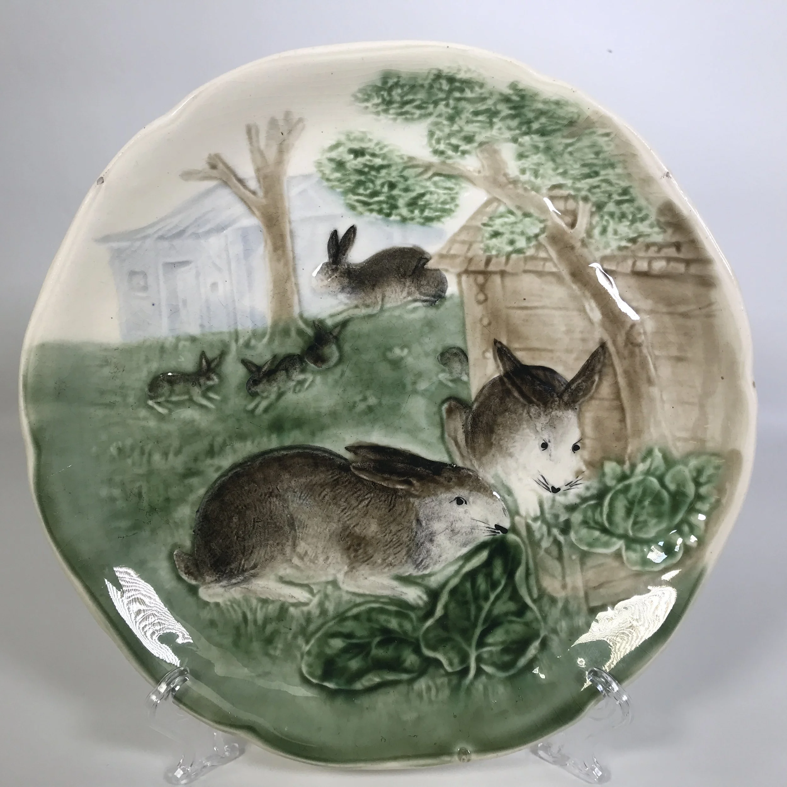 Antique French Majolica Rabbit Plates - Choisy le Roi for Higgins