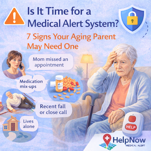 Adult child checking on an aging parent and considering a medical alert system, with a checklist of warning signs