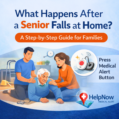 What to do after a senior falls at home with reminder to press a Help Now medical alert button