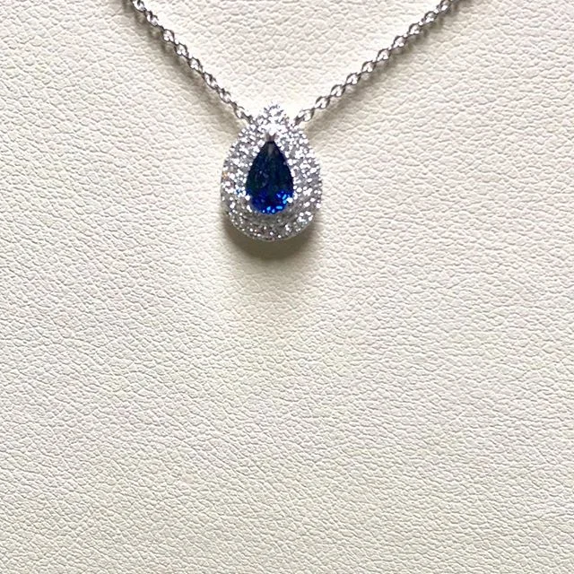 18 Karat Double Diamond Halo and Pear Shaped Sapphire Pendant