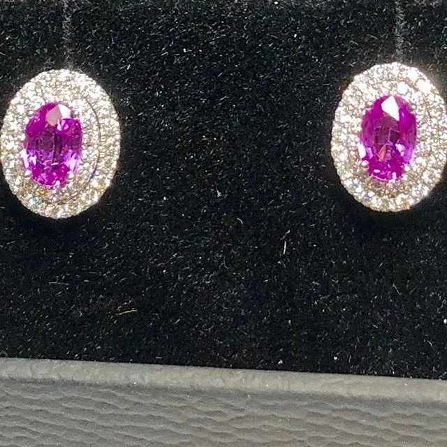 18 Karat White Gold Vivid Pink Sapphires with a Double Diamond Halo