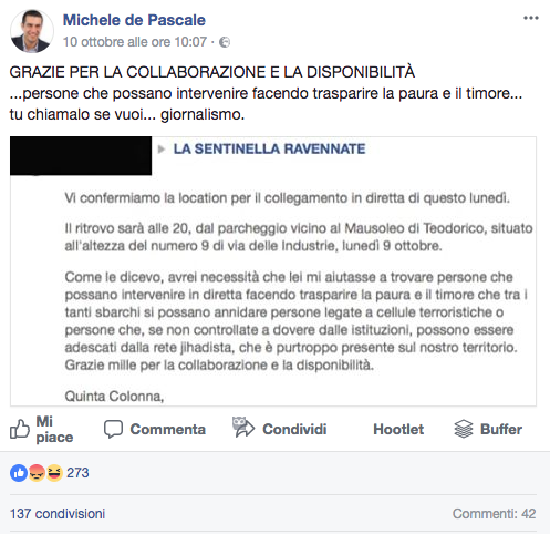 La segnalazione nel post del sindaco Michele di Pascale.