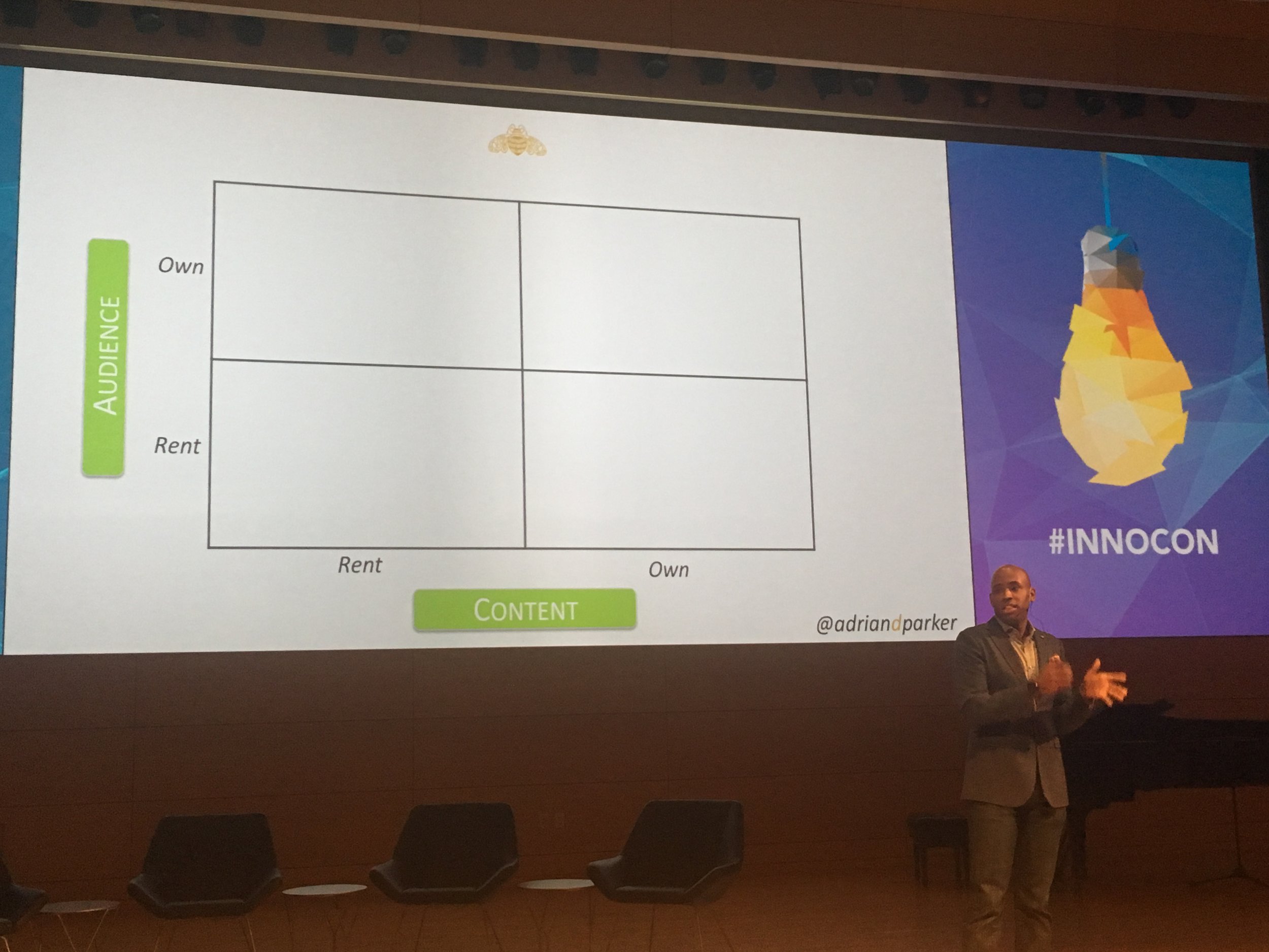 The audience and qontent business model matrix as presented by Adrian Parker at #innocon