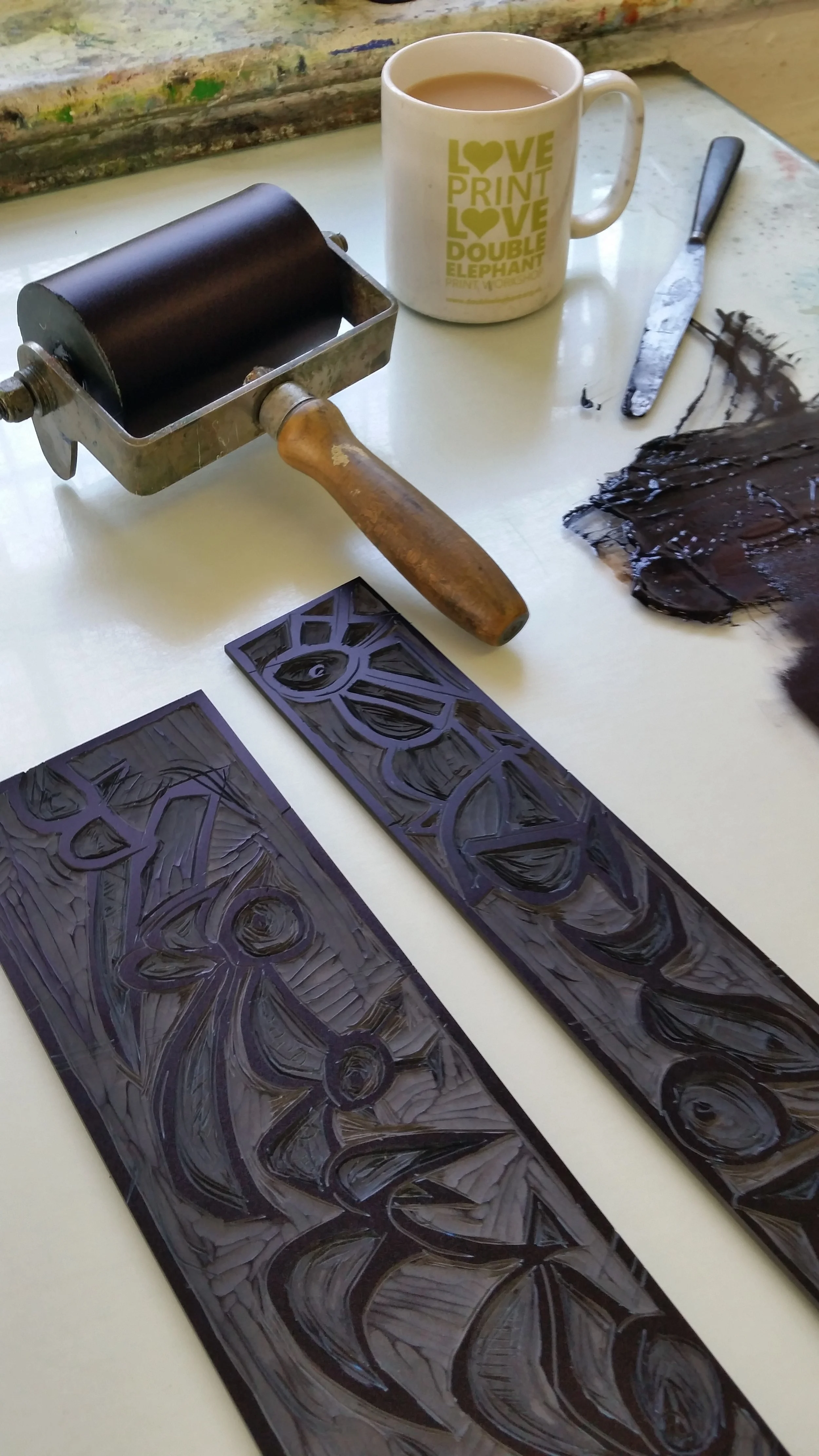 Inking up Lino Plate for Birds & Fish