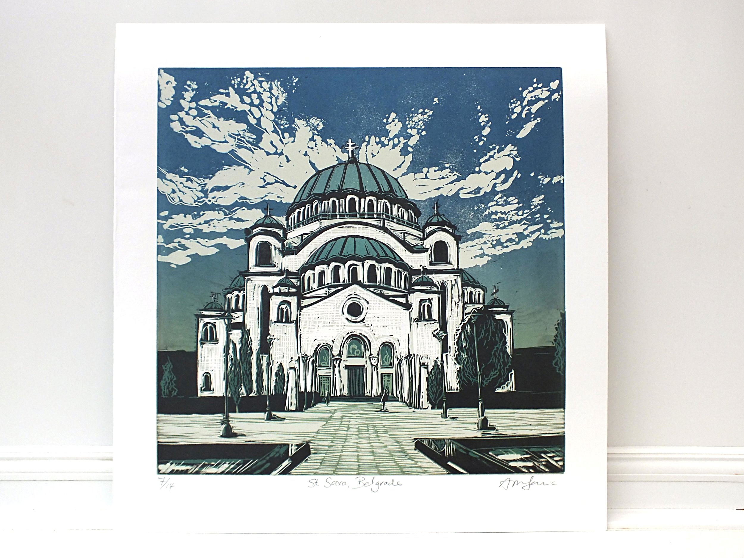 Linocut of Church Blue Sky Modern Print