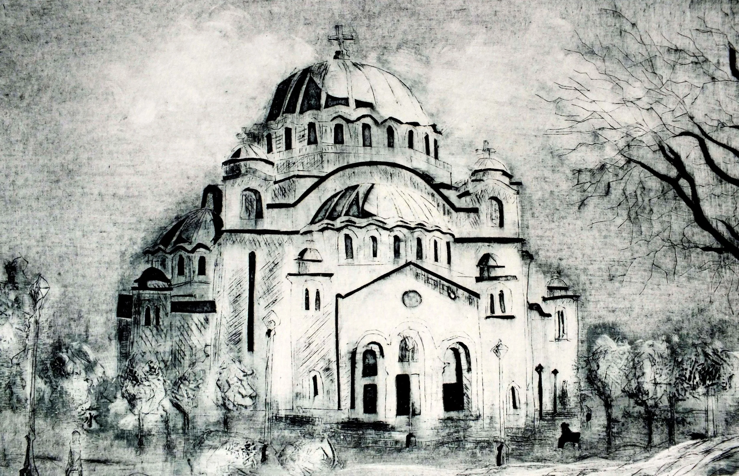 St Sava Church, Belgrade, Collagraph print by Ali Savic