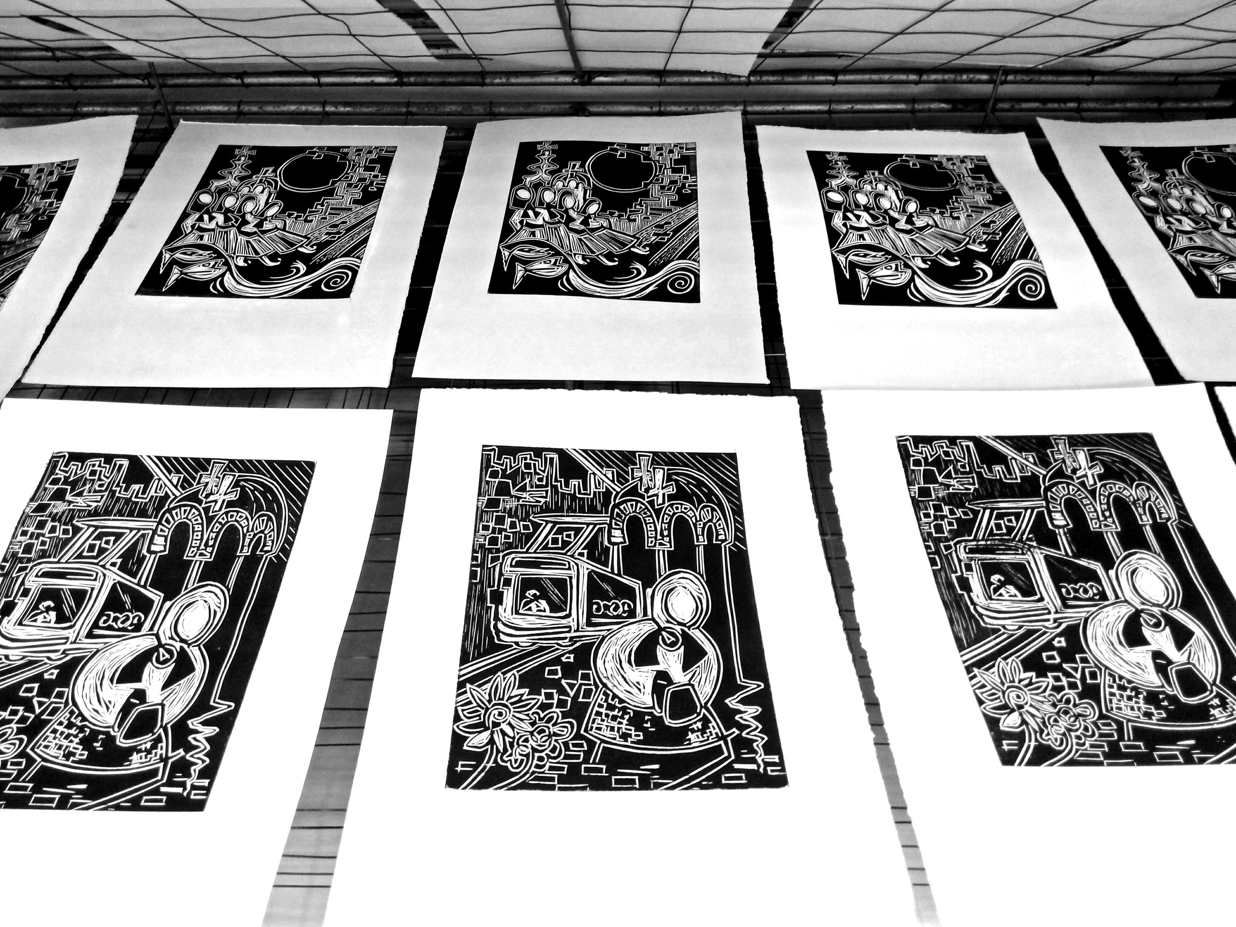 Belgrade linocuts drying.jpg