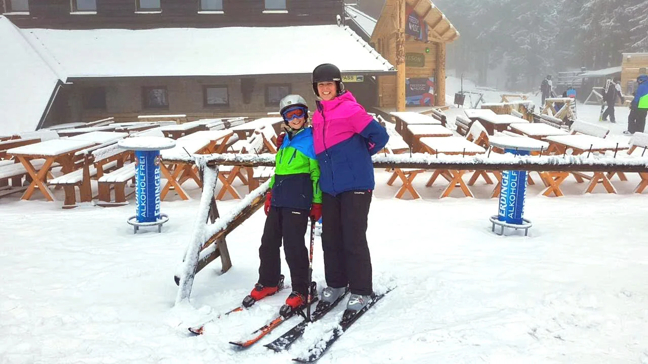Aleks and Ali just before ski school outside the Rtanj Hotel, Kopaonik, Serbia