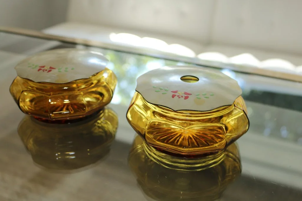 BOXY VINTAGE AMBER GLASS VANITY JARS