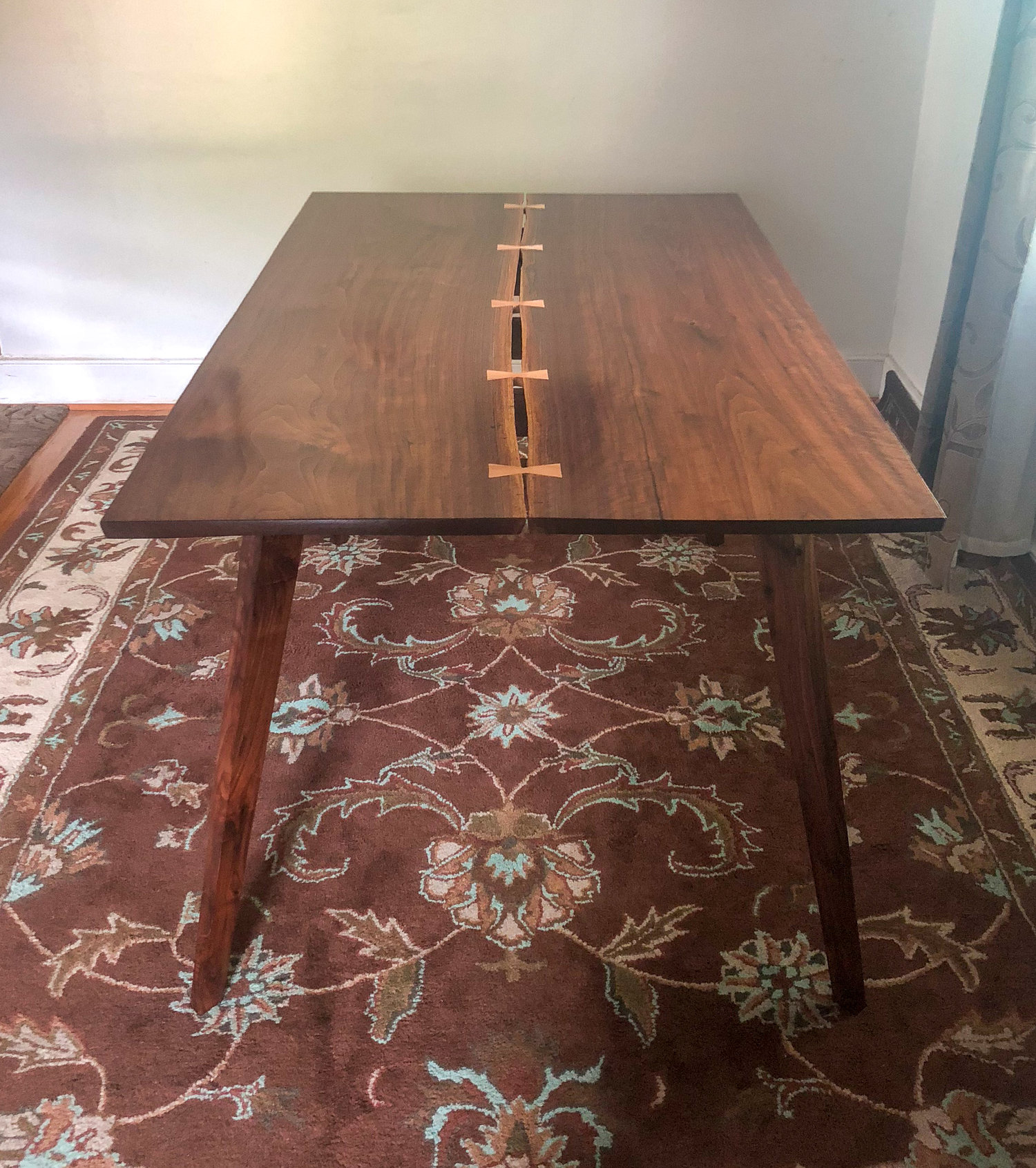 Custom Walnut Inverted Live Edge Kitchen Table with Maple Bow Tie Joinery