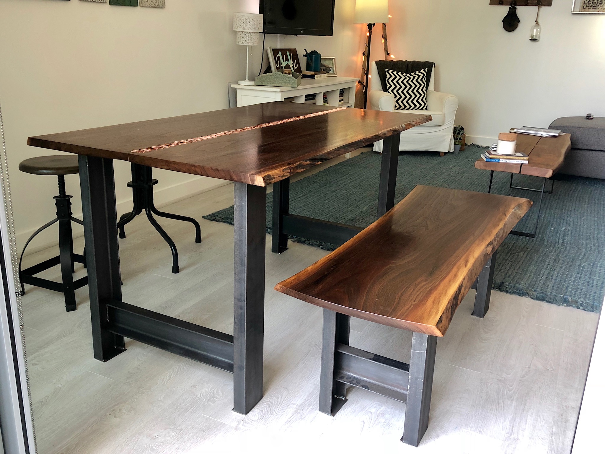 custom walnut live edge kitchen table with copper and live edge bench 