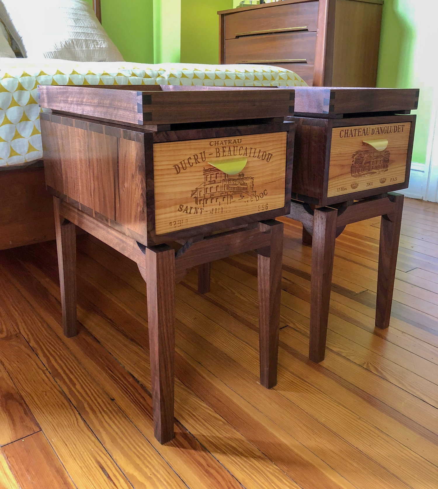custom walnut wooden side tables with reclaimed wine crate furniture 