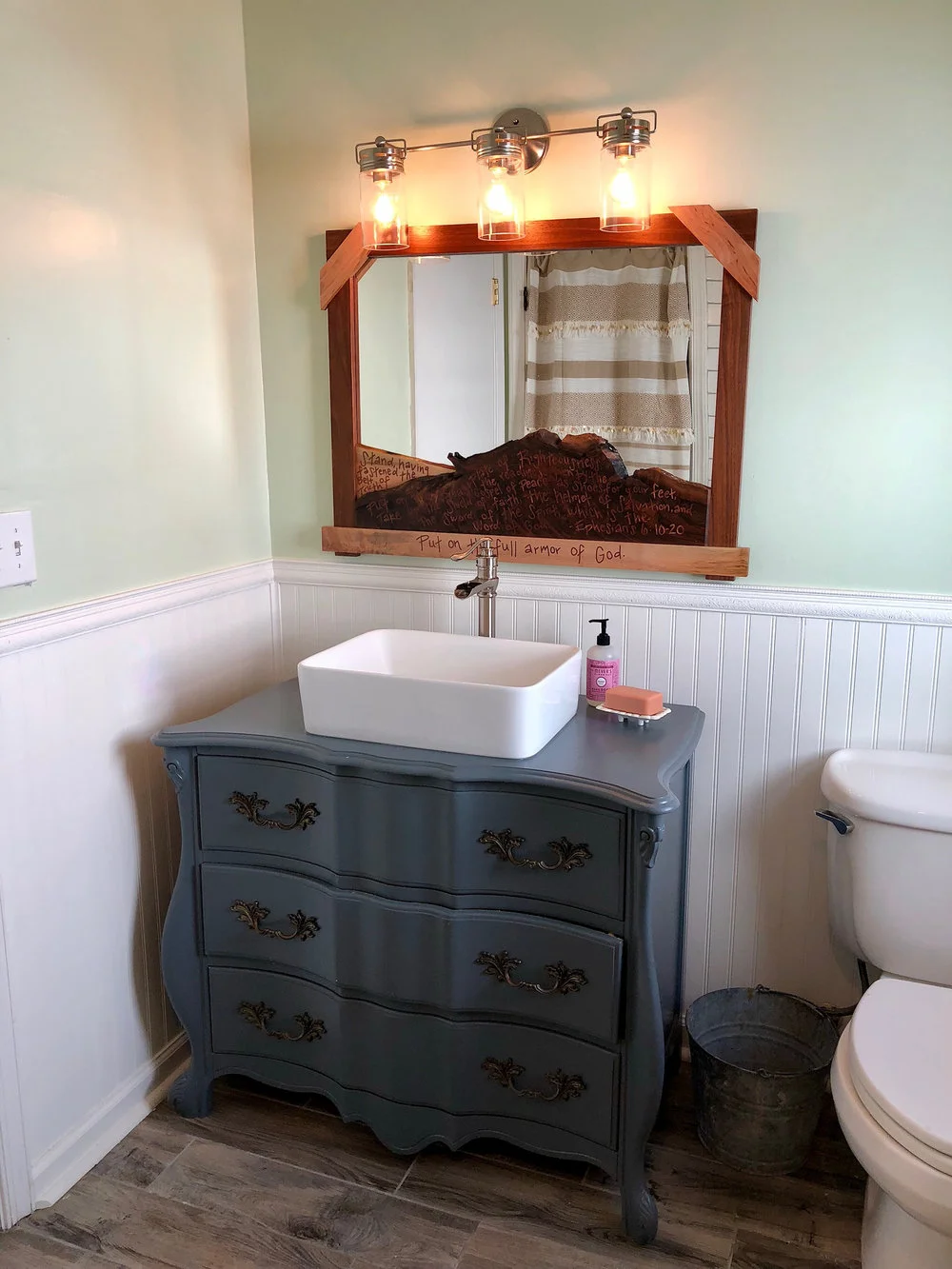 custom live edge mirror with text inlay and reconstructed reclaimed dresser vanity 