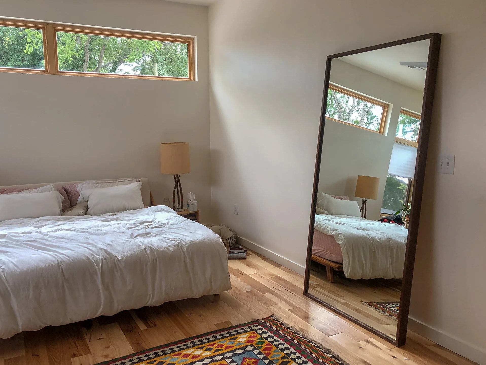 Custom Walnut Floor Mirror Hand Carved mid century modern furniture Sallie Plumley Studio Richmond Virginia Sally Plumley Custom Woodworking and Furniture Design