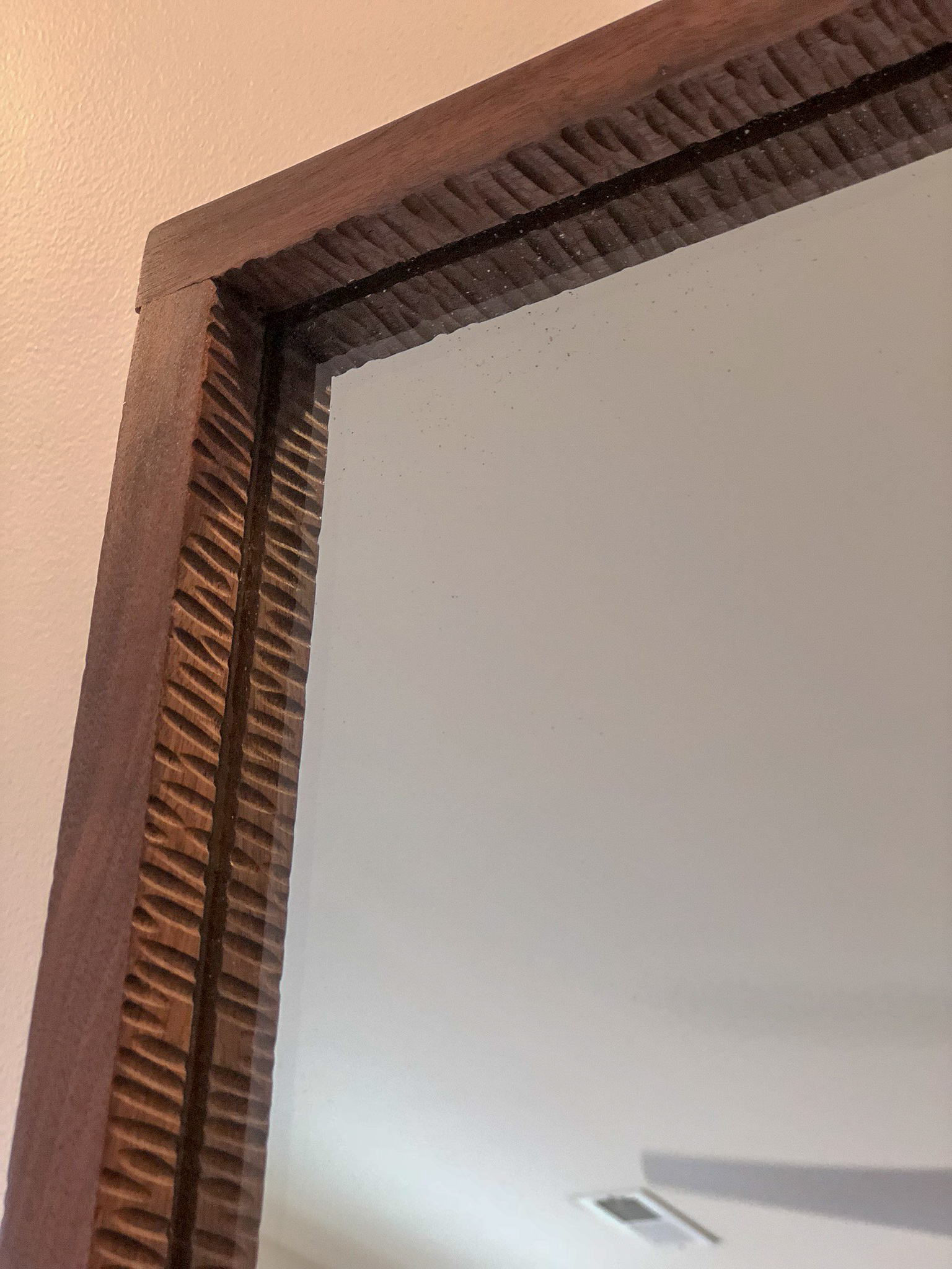 Custom Walnut Floor Mirror Hand Carved mid century modern furniture Sallie Plumley Studio Richmond Virginia Sally Plumley Custom Woodworking and Furniture Design