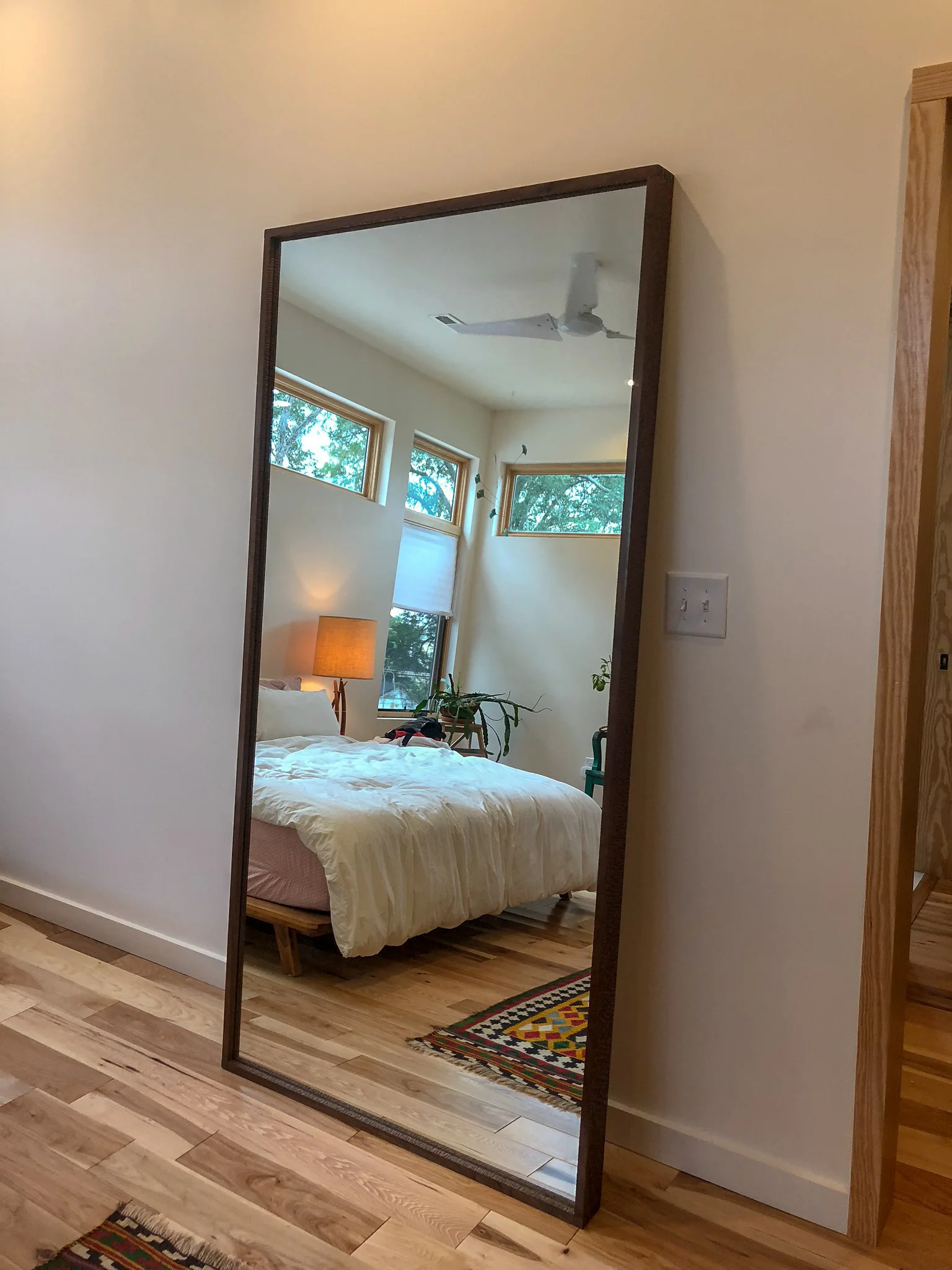 Custom Walnut Floor Mirror Hand Carved mid century modern furniture Sallie Plumley Studio Richmond Virginia Sally Plumley Custom Woodworking and Furniture Design