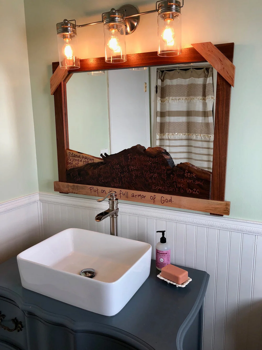 custom live edge mirror and reconstructed reclaimed dresser vanity mid century modern furniture Sallie Plumley Studio Richmond Virginia Sally Plumley Custom Woodworking and Furniture Design