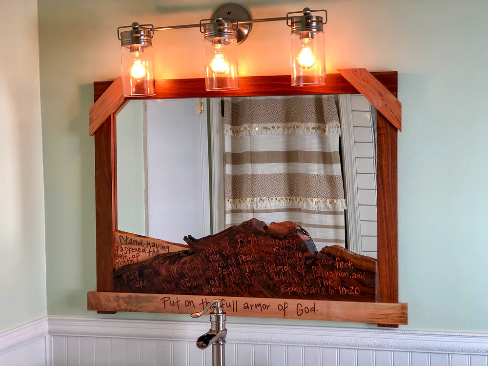 custom live edge mirror and reconstructed reclaimed dresser vanity mid century modern furniture Sallie Plumley Studio Richmond Virginia Sally Plumley Custom Woodworking and Furniture Design