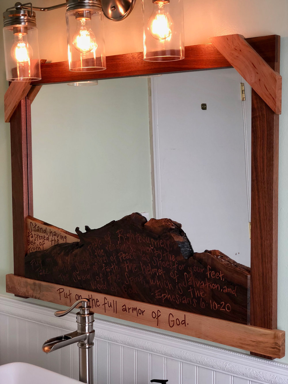 custom live edge mirror and reconstructed reclaimed dresser vanity mid century modern furniture Sallie Plumley Studio Richmond Virginia Sally Plumley Custom Woodworking and Furniture Design