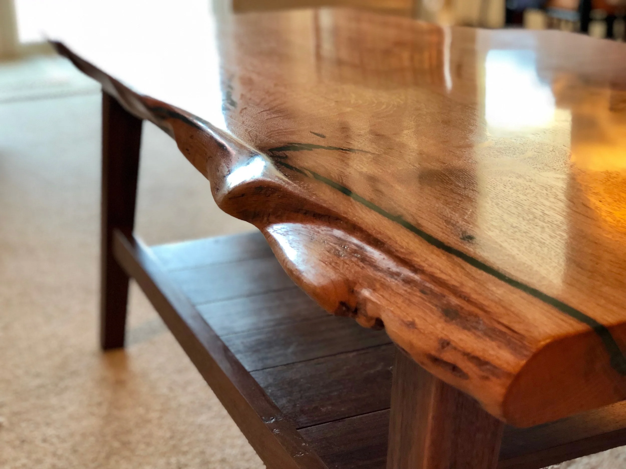 Custom Live Edge White Oak Coffee table with inlay Sallie Plumley Studio Richmond Virginia Sally Plumley Custom Woodworking and Furniture Design
