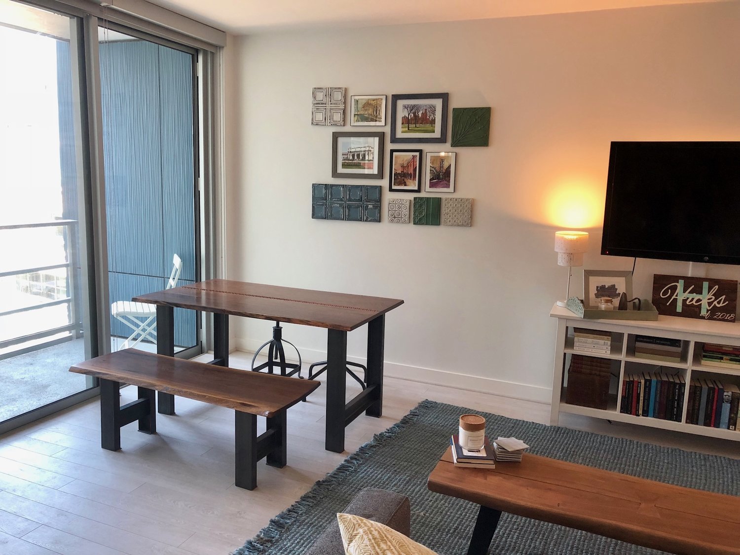 live edge walnut copper laced kitchen table with live edge walnut bench mid century modern furniture Sallie Plumley Studio Richmond Virginia Sally Plumley Custom Woodworking and Furniture Design