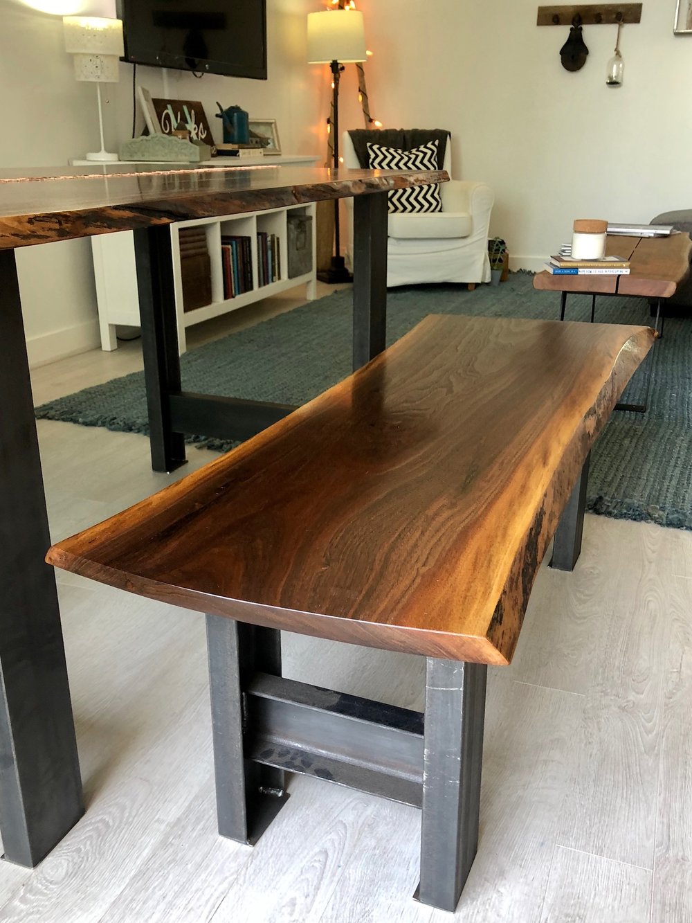 live edge walnut copper laced kitchen table with live edge walnut bench mid century modern furniture Sallie Plumley Studio Richmond Virginia Sally Plumley Custom Woodworking and Furniture Design