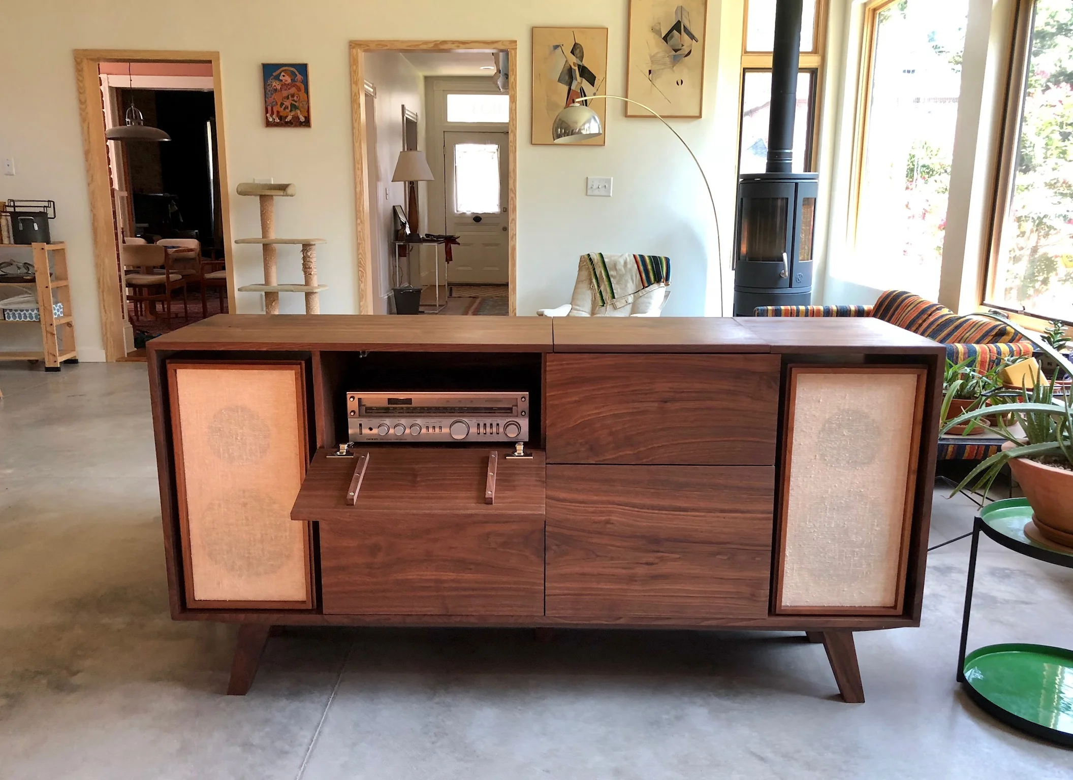 Custom Walnut Vintage Record Console Table Mid Century Modern Sallie Plumley Studio Richmond Virginia Sally Plumley Custom Woodworking and Furniture Design