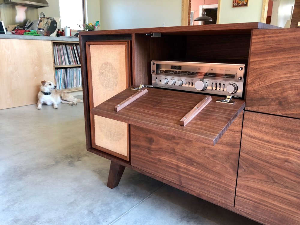 Custom Walnut Vintage Record Console Table Mid Century Modern Sallie Plumley Studio Richmond Virginia Sally Plumley Custom Woodworking and Furniture Design